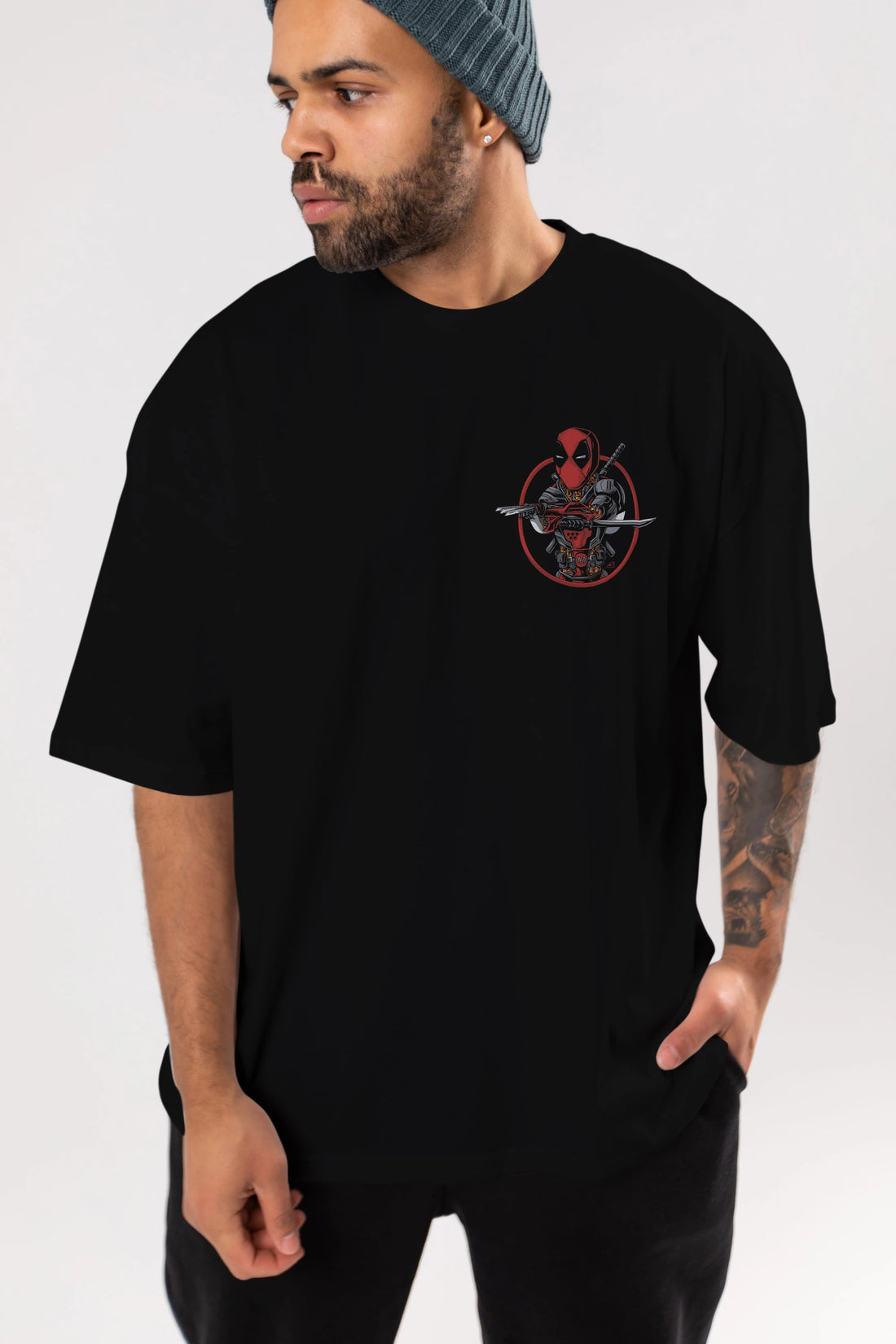 Deadpool (5) Ön Sol Baskılı Oversize t-shirt Erkek Kadın Unisex %100 Pamuk Bisiklet Yaka tişort