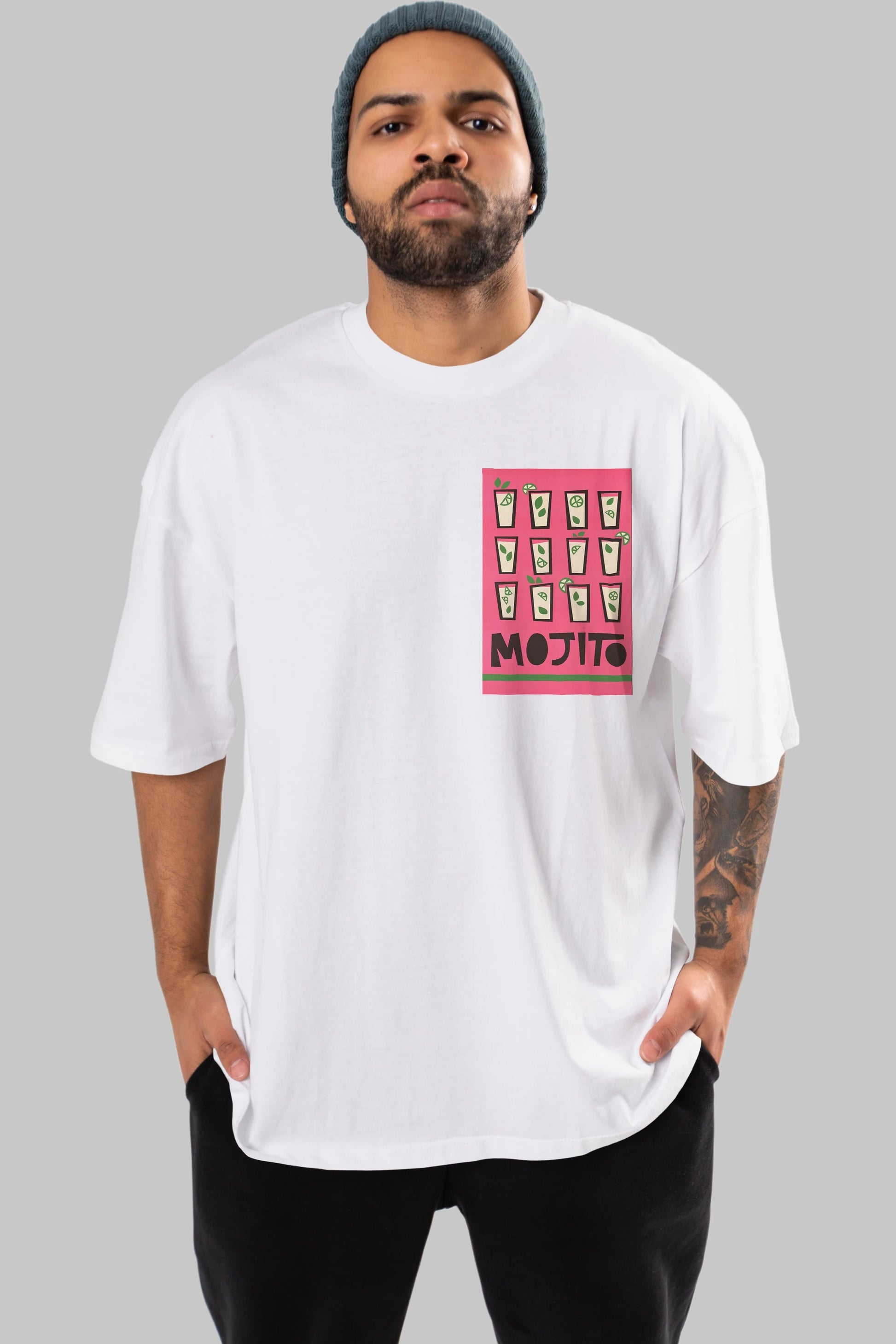 Mojito Ön Sol Baskılı Oversize t-shirt Erkek Kadın Unisex %100 Pamuk Bisiklet Yaka tişort