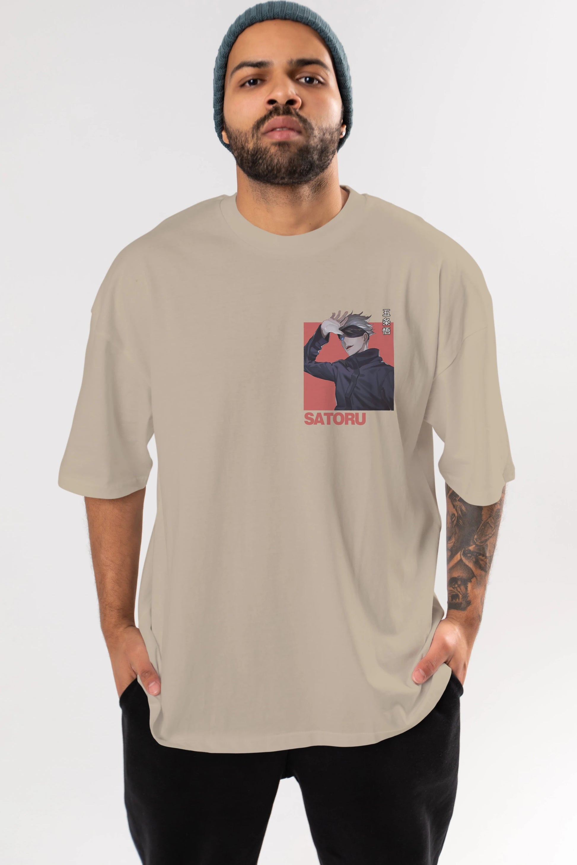 SATORU GOJO 2 Ön Sol Baskılı Oversize t-shirt Erkek Kadın Unisex %100 Pamuk Bisiklet Yaka tişort