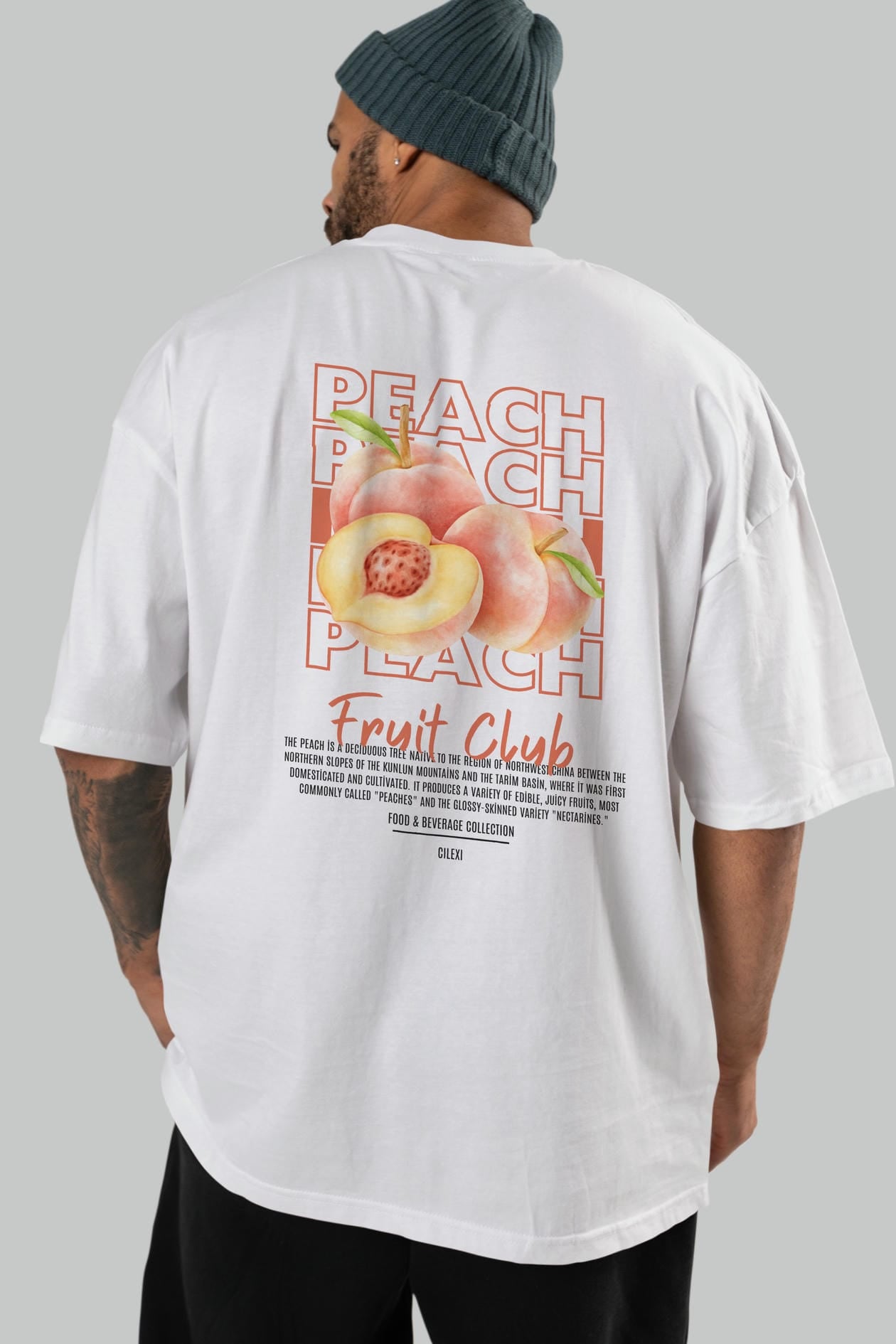 Peach Arka Baskılı Oversize t-shirt Erkek Kadın Pamuk Bisiklet Yaka tişort