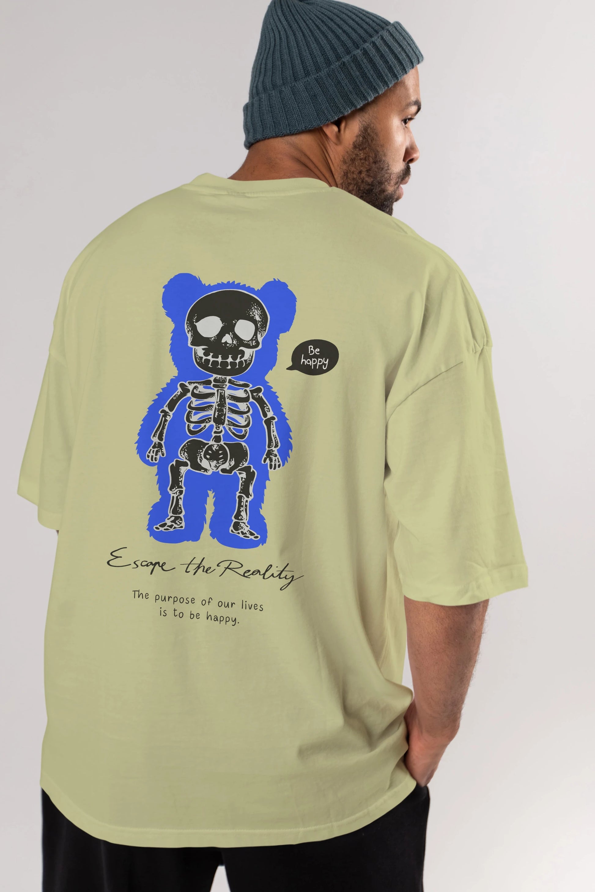 Be Happy Bear Arka Baskılı Oversize t-shirt Erkek Kadın Unisex