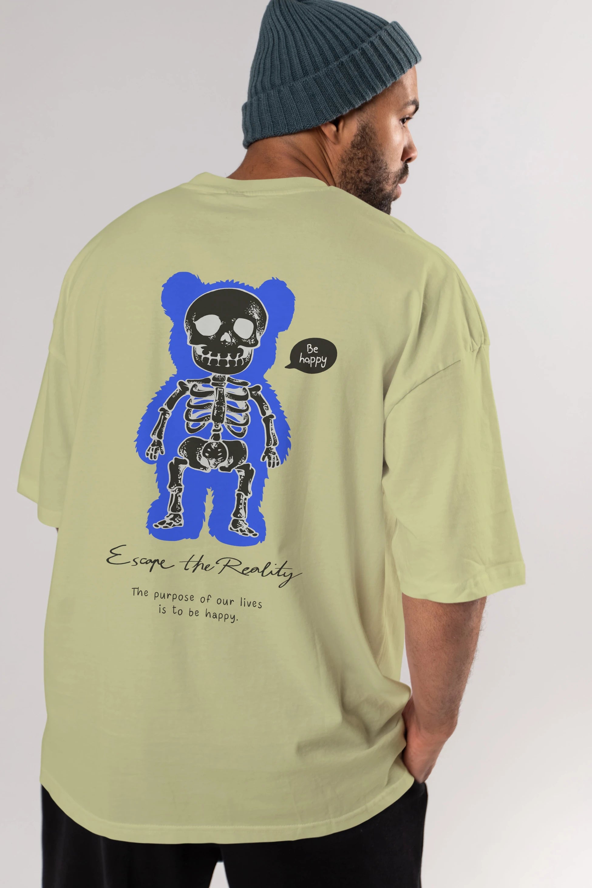 Be Happy Bear Arka Baskılı Oversize t-shirt Erkek Kadın Unisex
