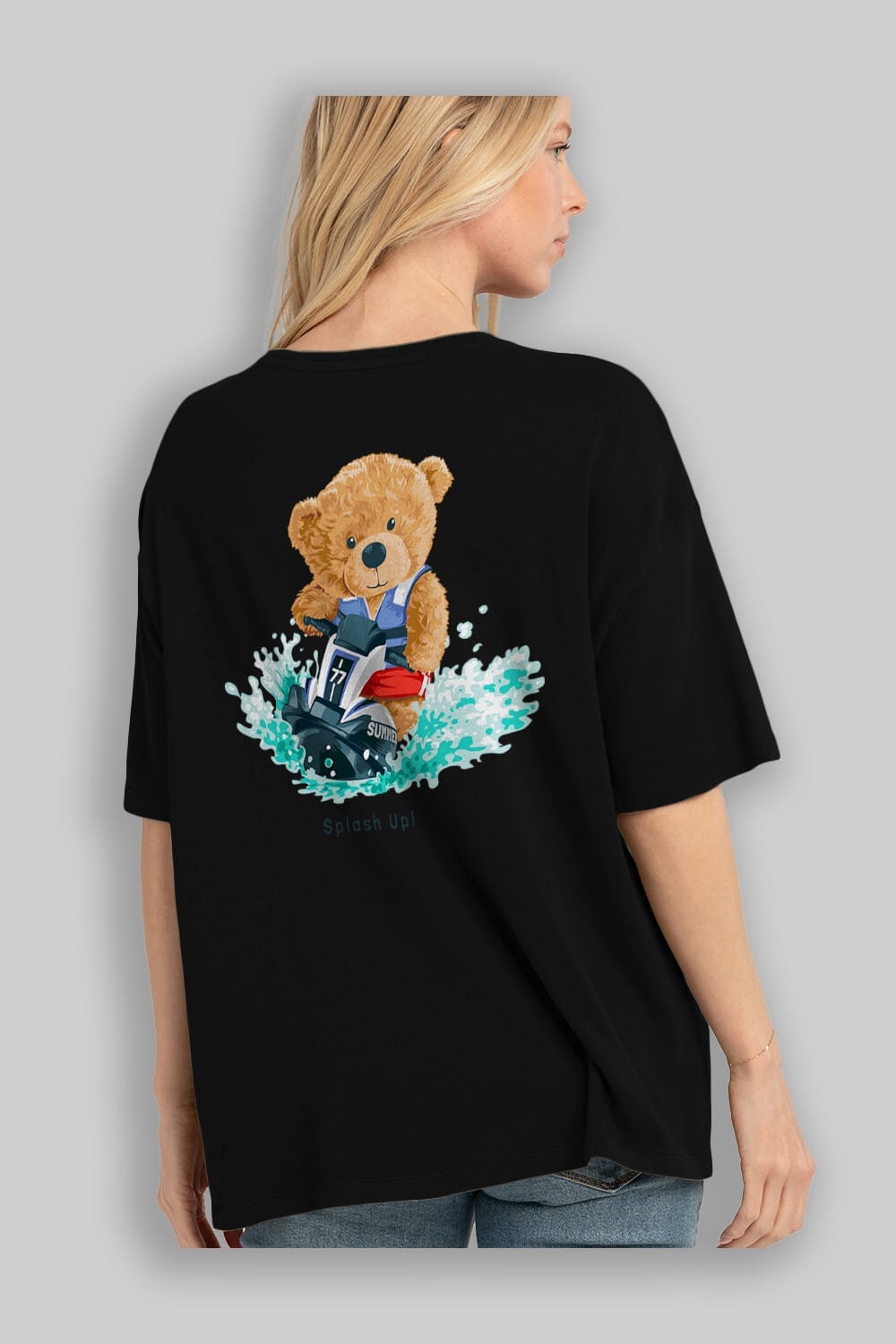 Teddy Bear Splash Up Arka Baskılı Oversize t-shirt Erkek Kadın Unisex %100 Pamuk