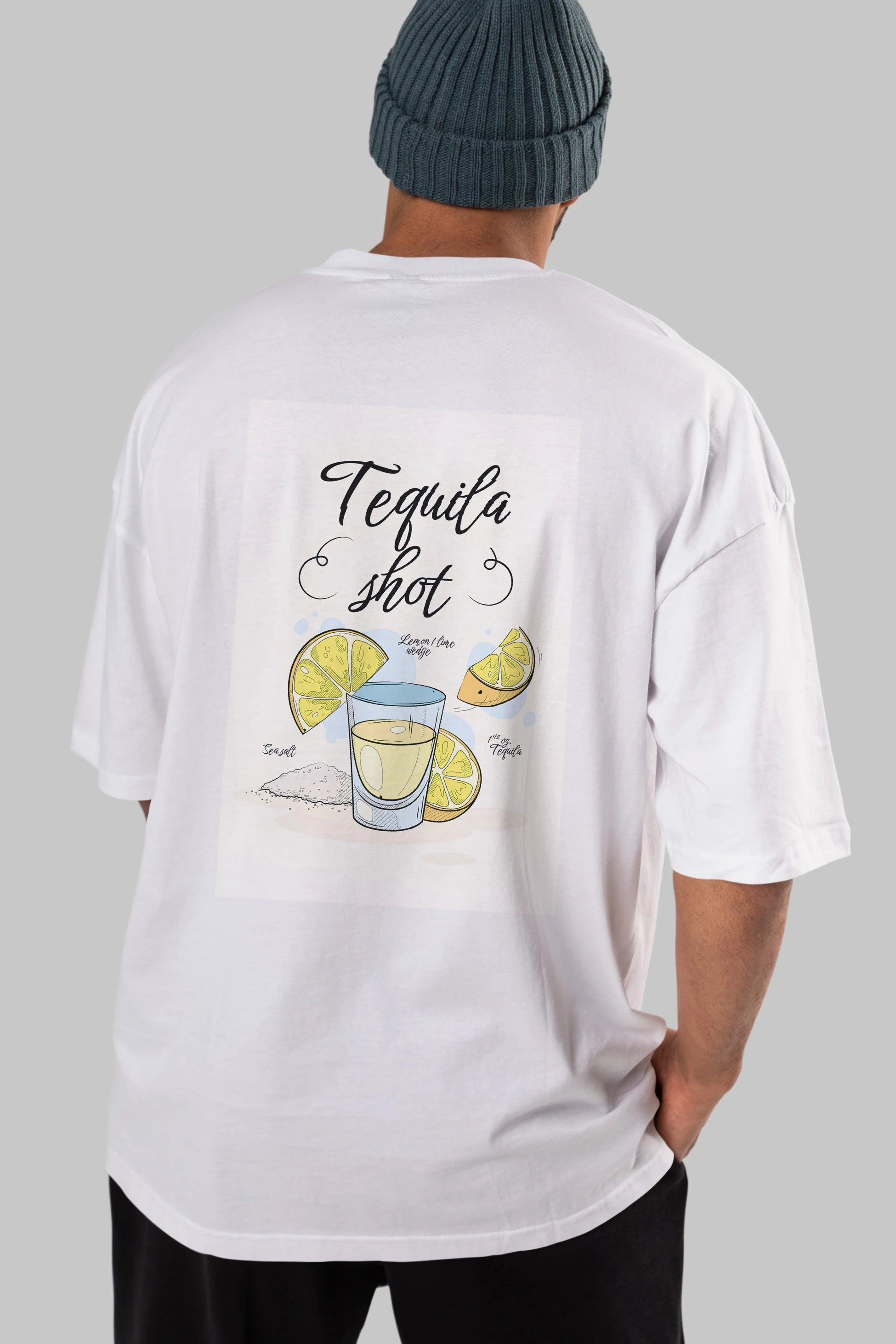Tequila Shot Arka Baskılı Oversize t-shirt Erkek Kadın Unisex %100 Pamuk Bisiklet Yaka tişort