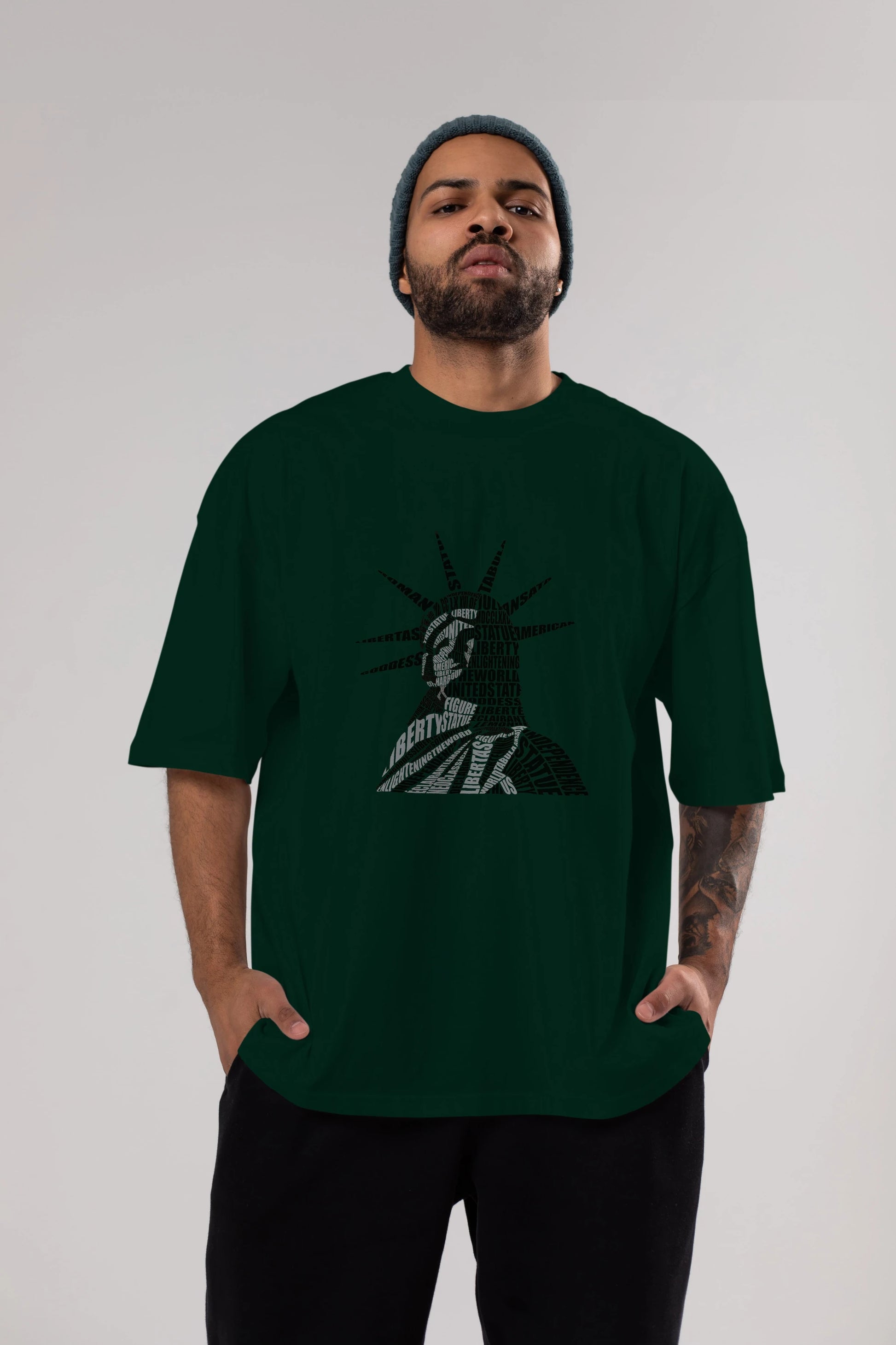 Liberty Statue Calligram Ön Baskılı Oversize t-shirt %100 pamuk Erkek Kadın Unisex