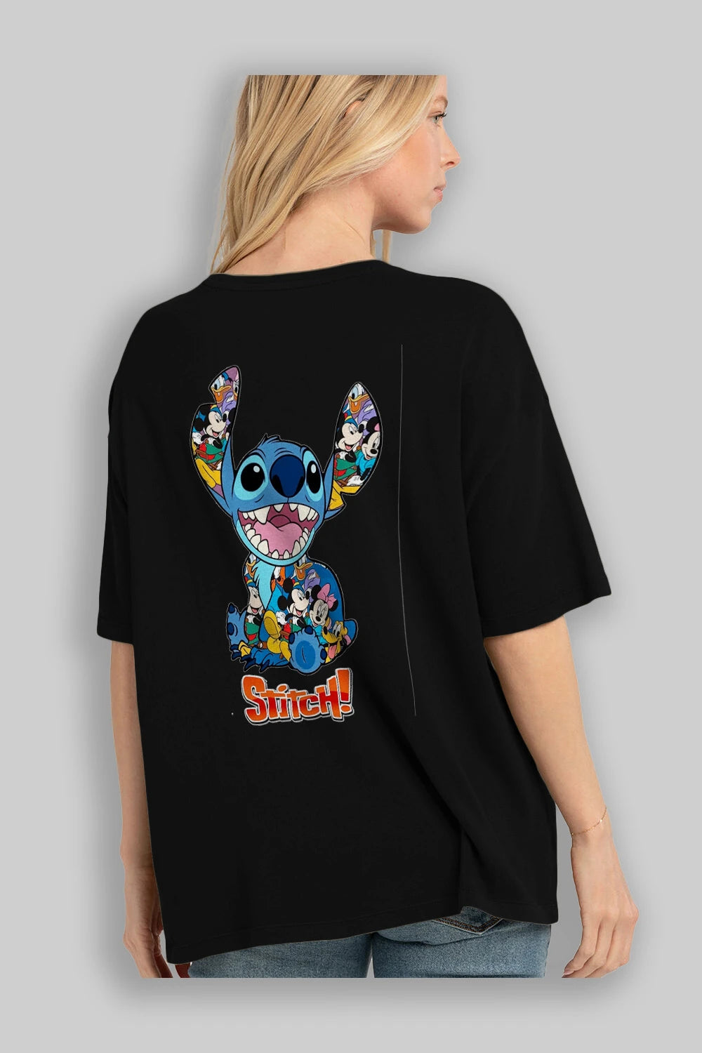 Stitch Arka Baskılı Oversize t-shirt Erkek Kadın Unisex %100 Pamuk Bisiklet Yaka tişort