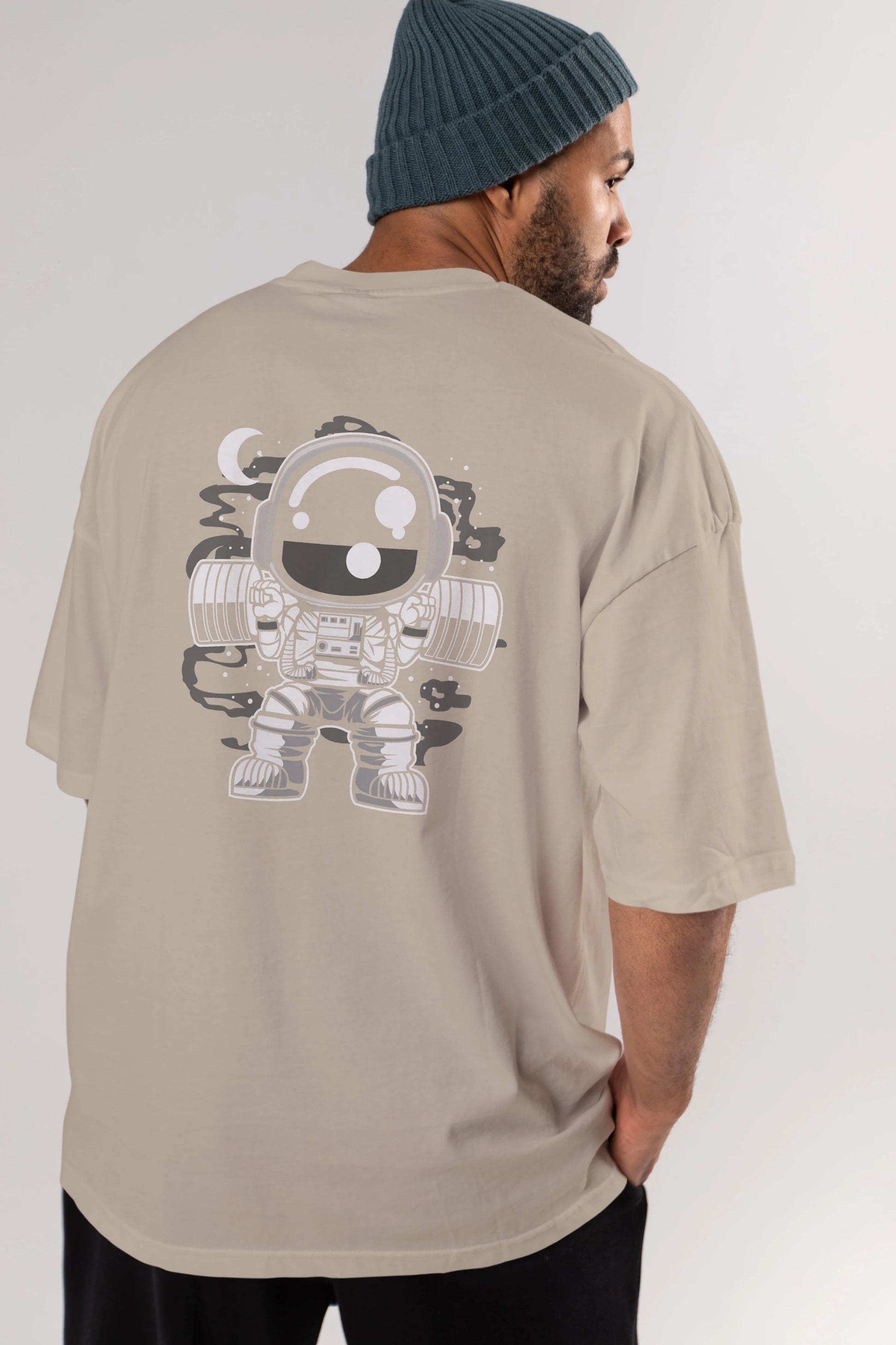 Astronaut Barbell Body Builder Arka Baskılı Oversize t-shirt Erkek Kadın Unisex