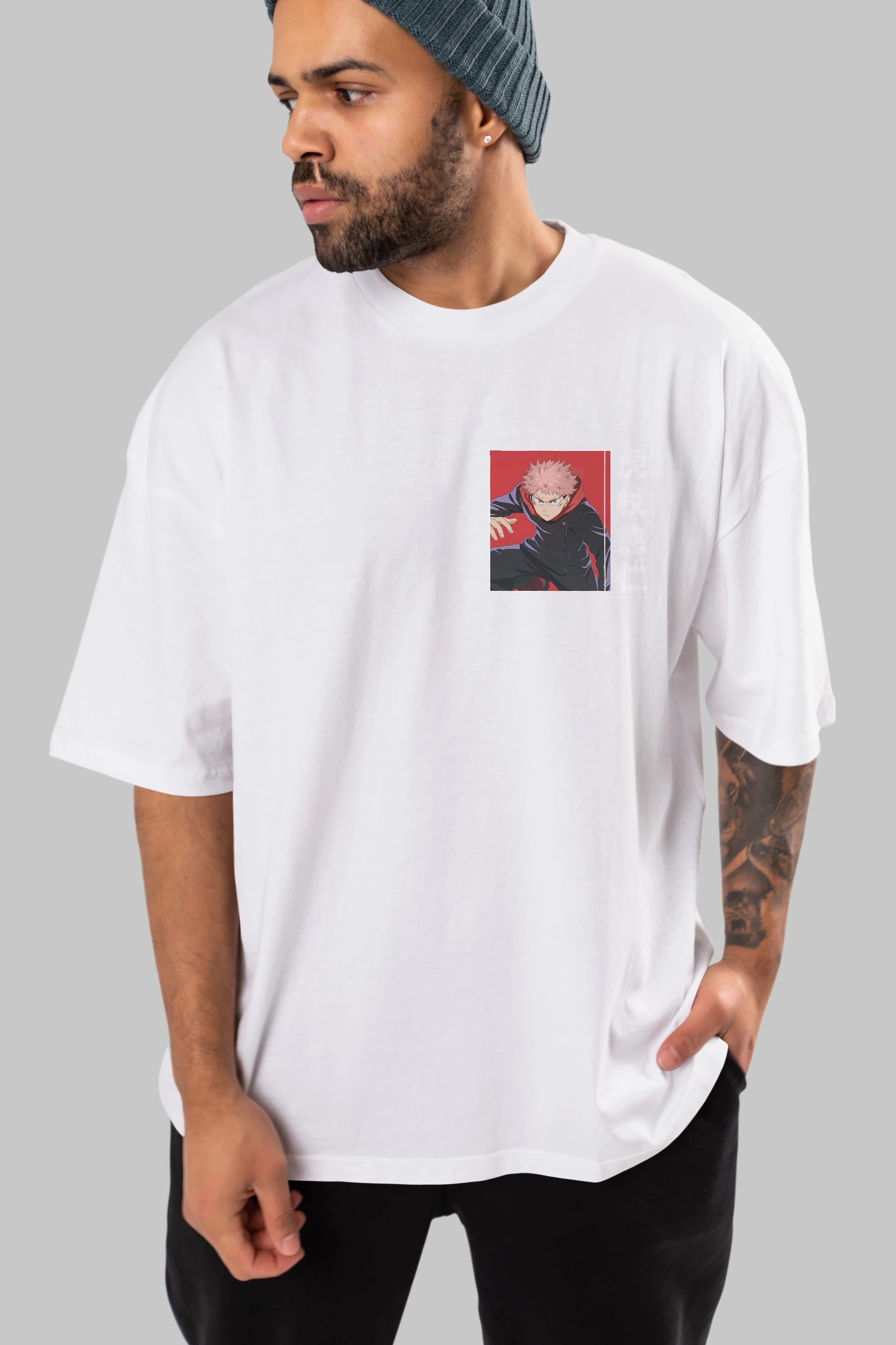 Yuuji Itadori 2 Ön Sol Baskılı Oversize t-shirt Erkek Kadın Unisex %100 Pamuk Bisiklet Yaka tişort