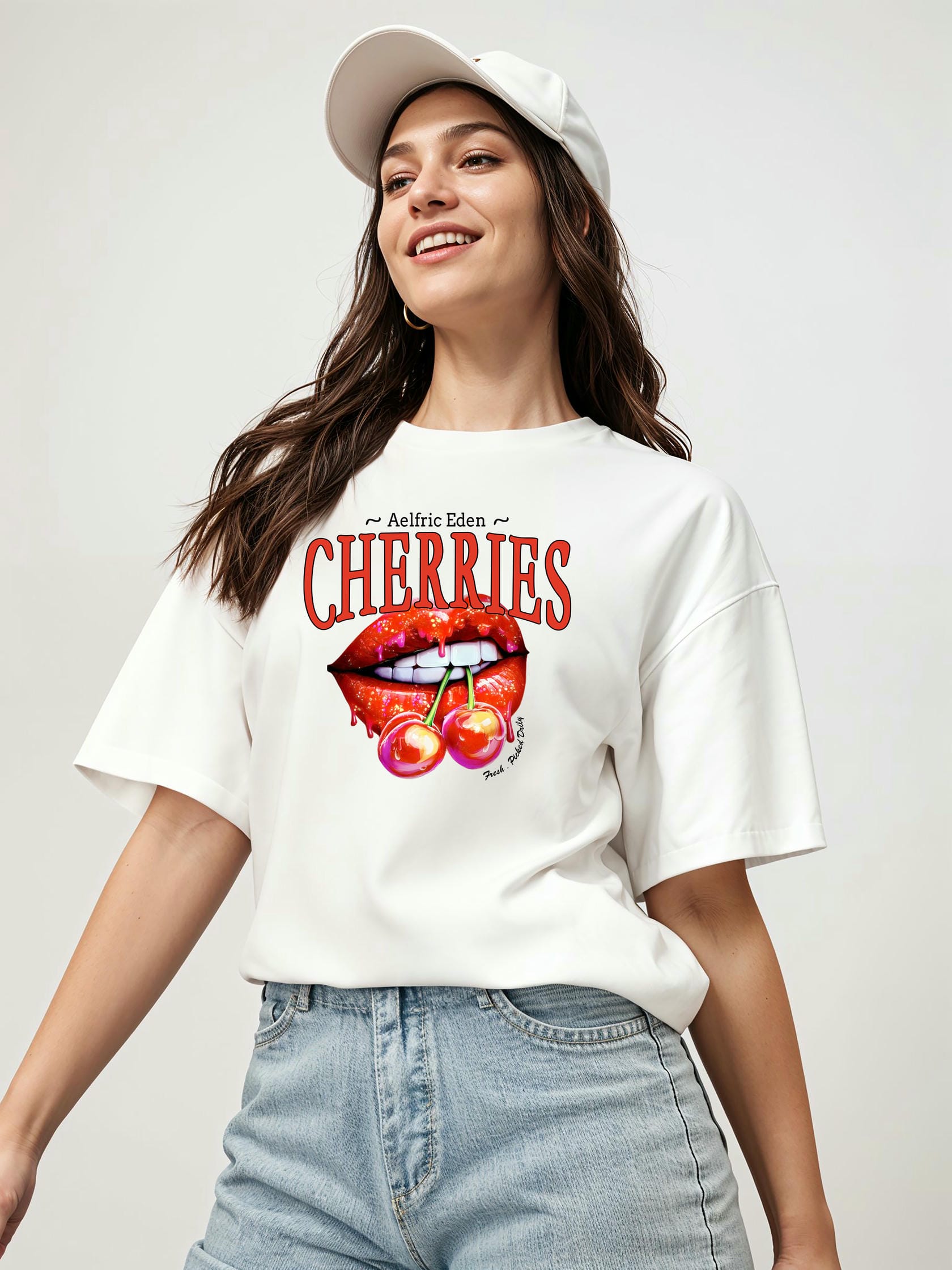 Cherry Cherries 3 Ön Baskılı Oversize t-shirt Erkek Kadın Pamuk Bisiklet Yaka tişort