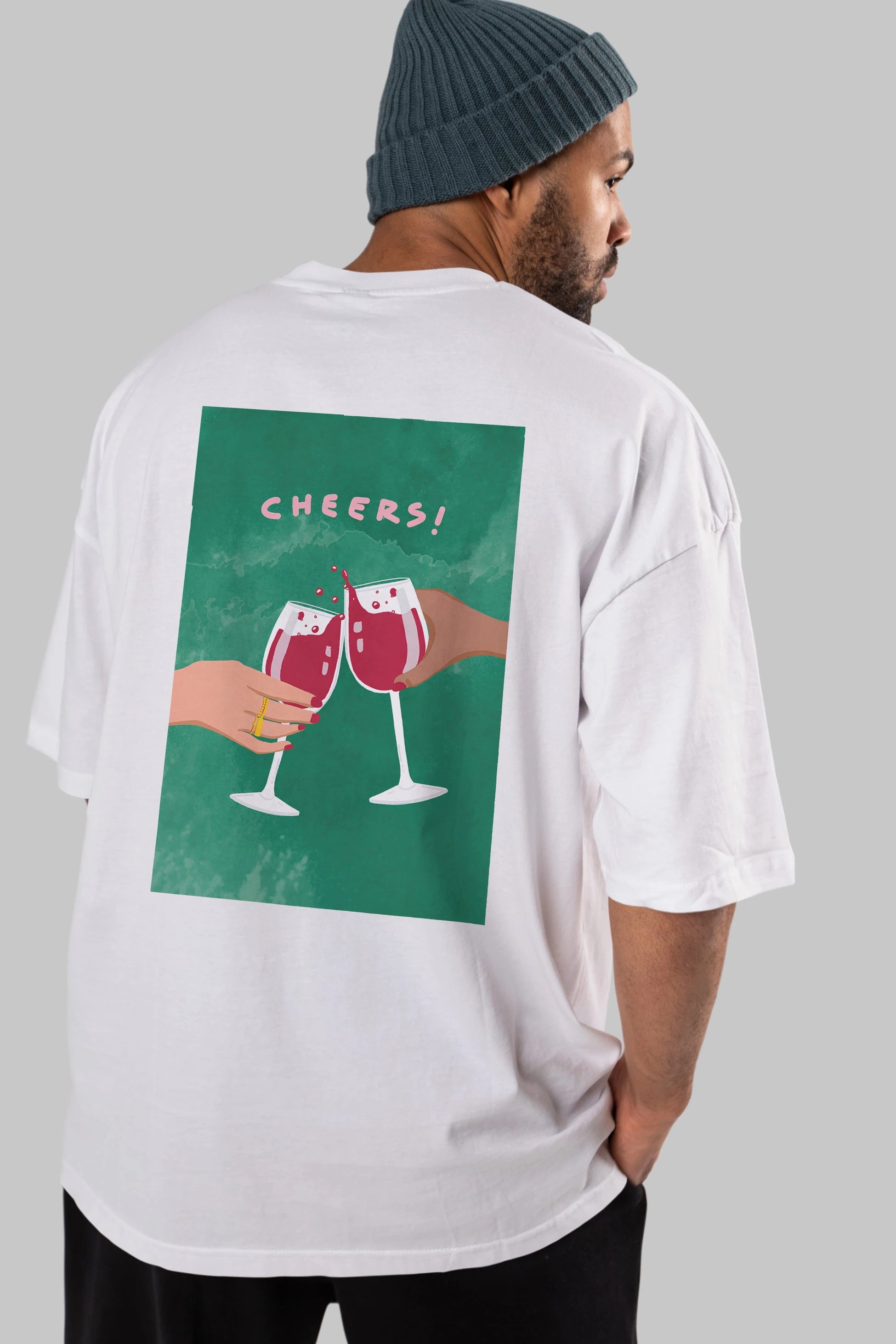 Cheers Arka Baskılı Oversize t-shirt Erkek Kadın Unisex %100 Pamuk Bisiklet Yaka tişort