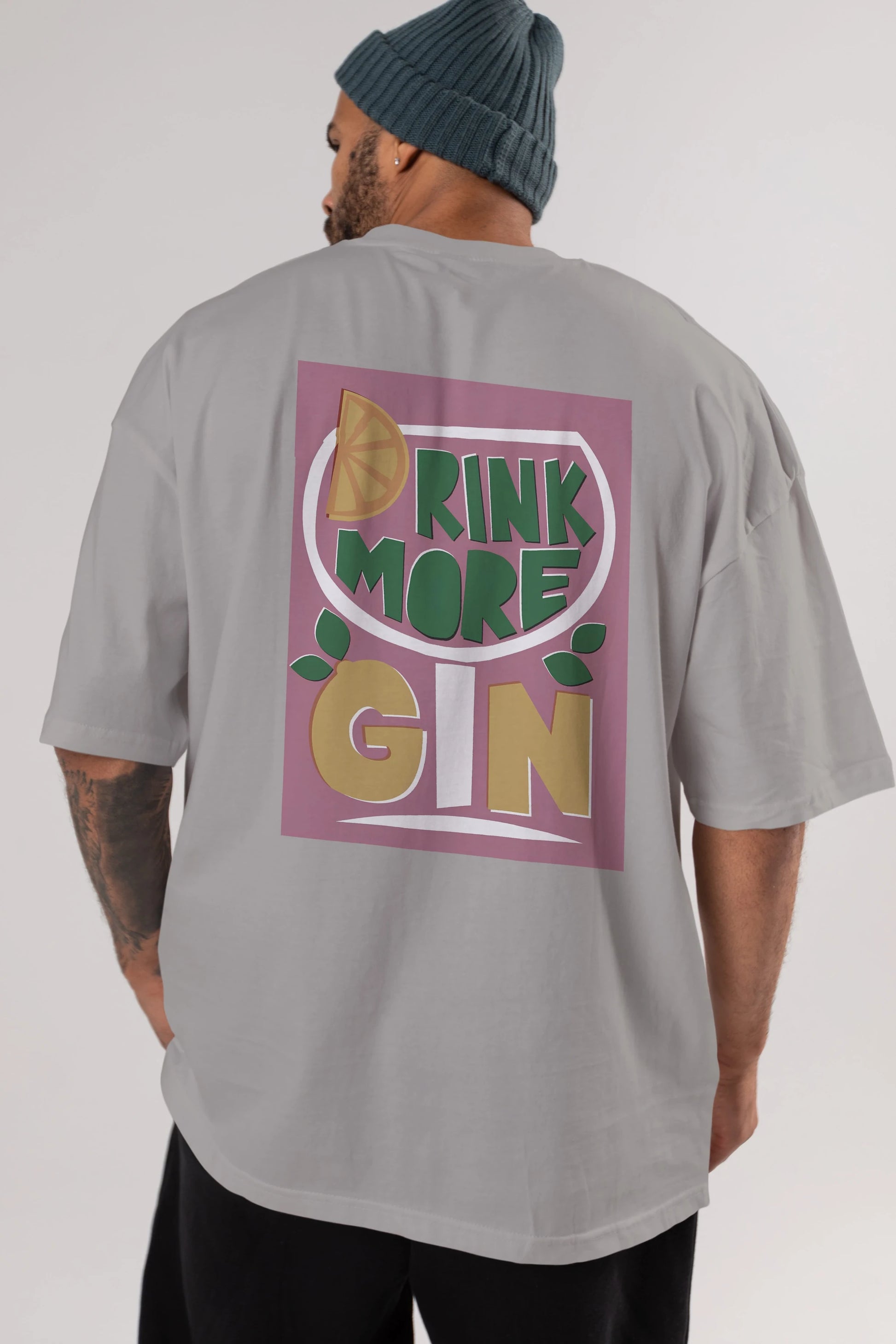 Drink More Gin Arka Baskılı Oversize t-shirt Erkek Kadın Unisex %100 Pamuk Bisiklet Yaka tişort