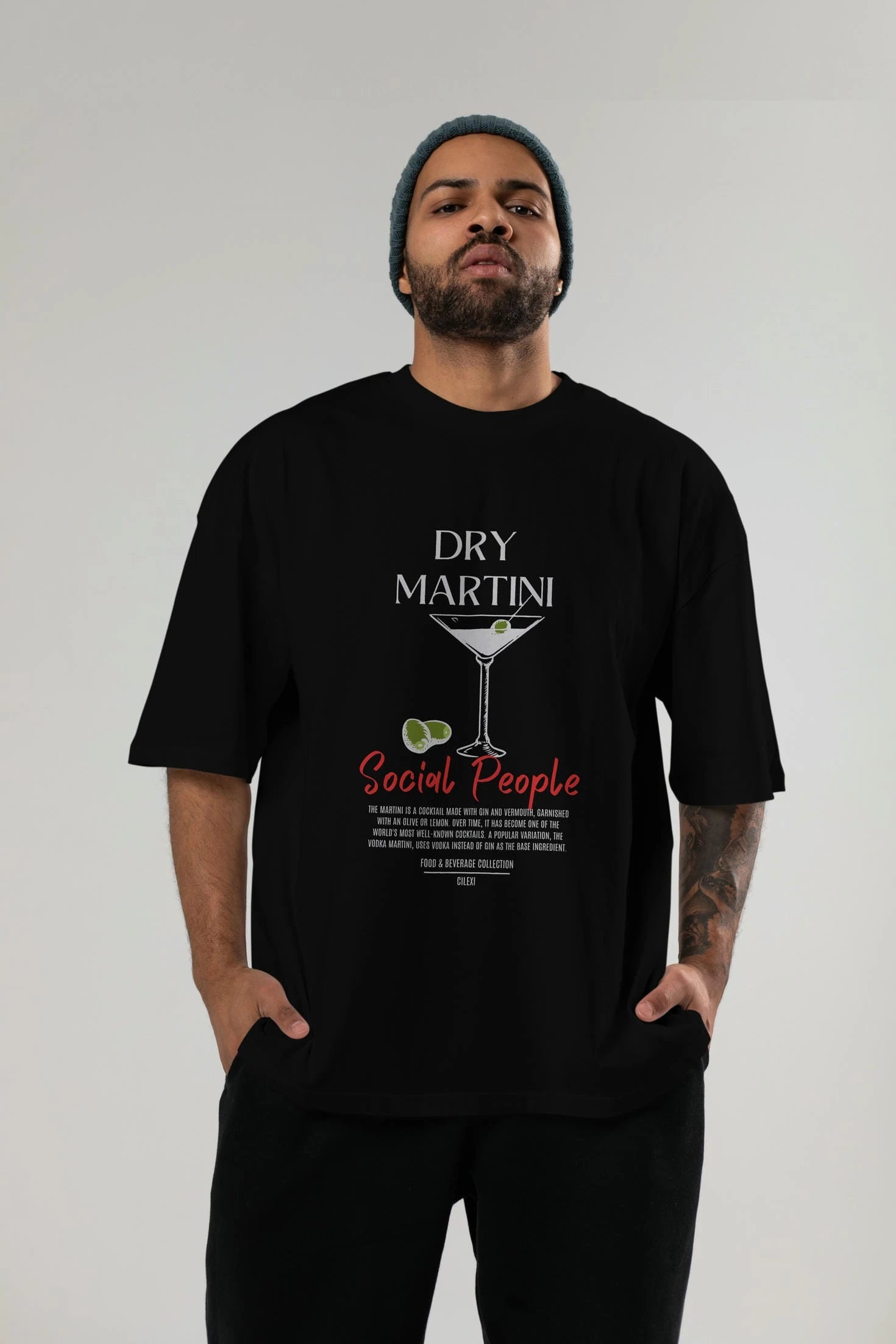 Dry Martını Kokteyl Serisi ön Baskılı Oversize t-shirt Erkek Kadın %100 Pamuk Bisiklet Yaka tişort