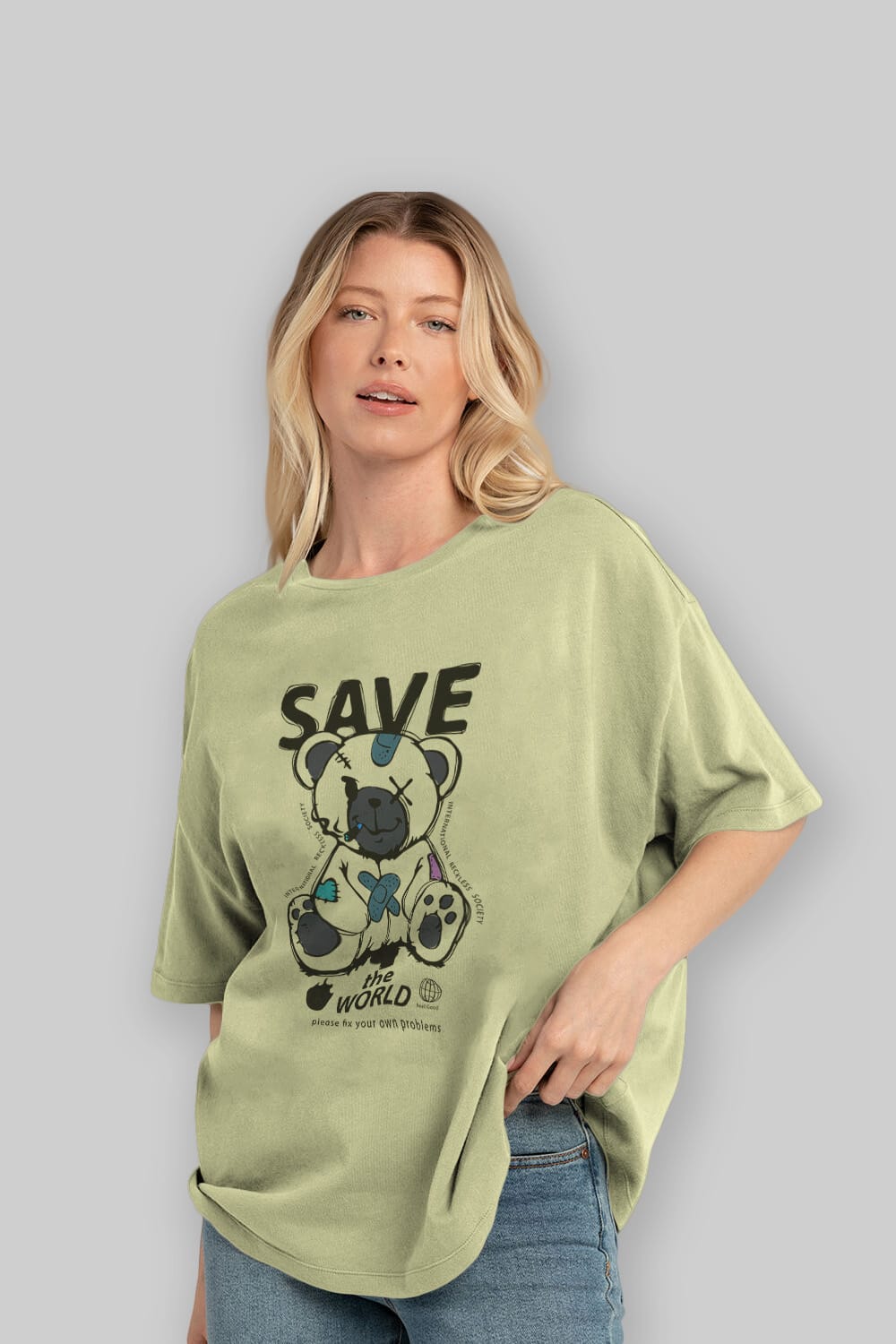 Save the World Bear Ön Baskılı Oversize t-shirt Erkek Kadın Unisex