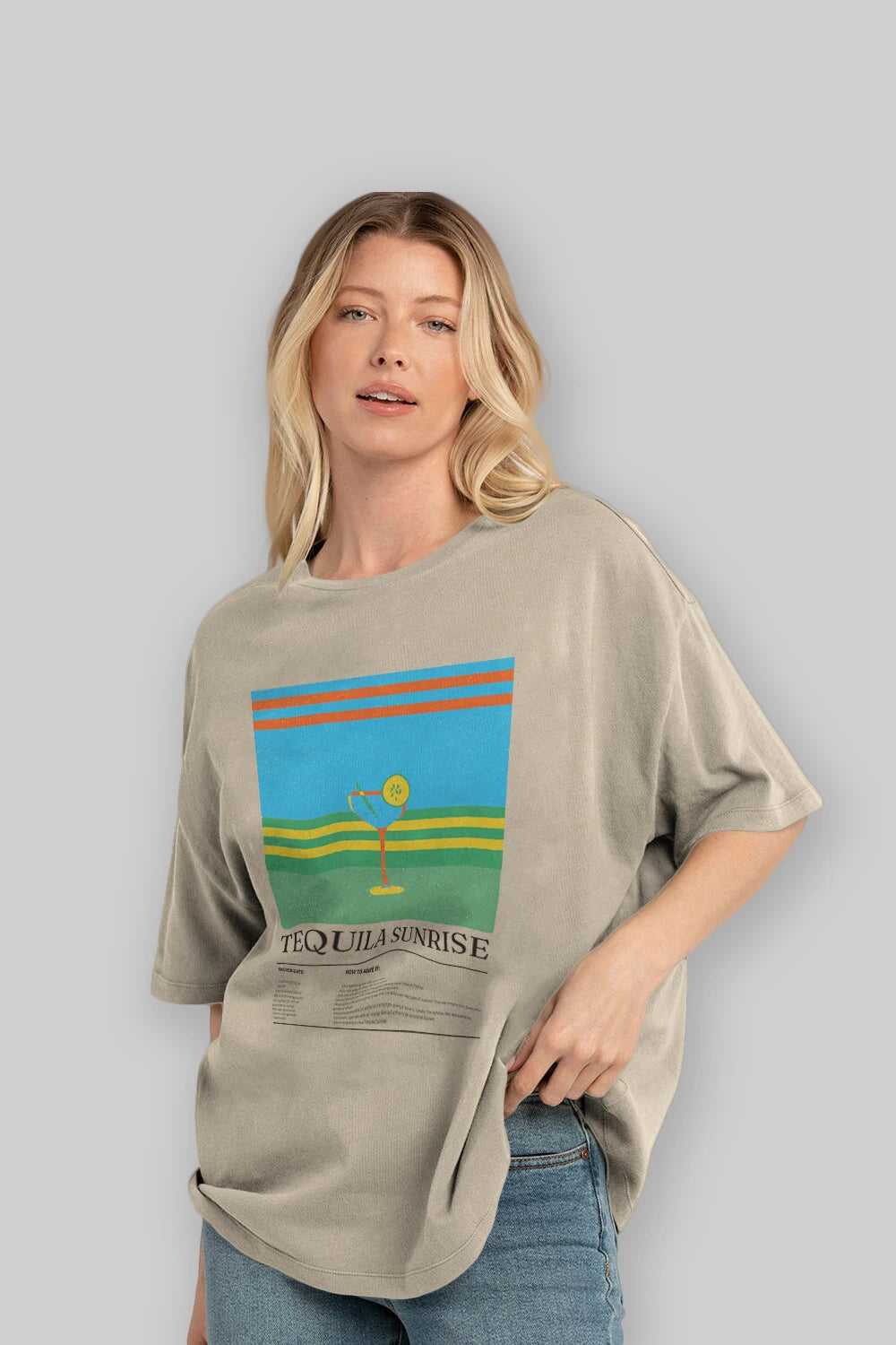Tequila Sunrise Kokteyl Ön Baskılı Oversize t-shirt Erkek Kadın %100 Pamuk Bisiklet Yaka tişort