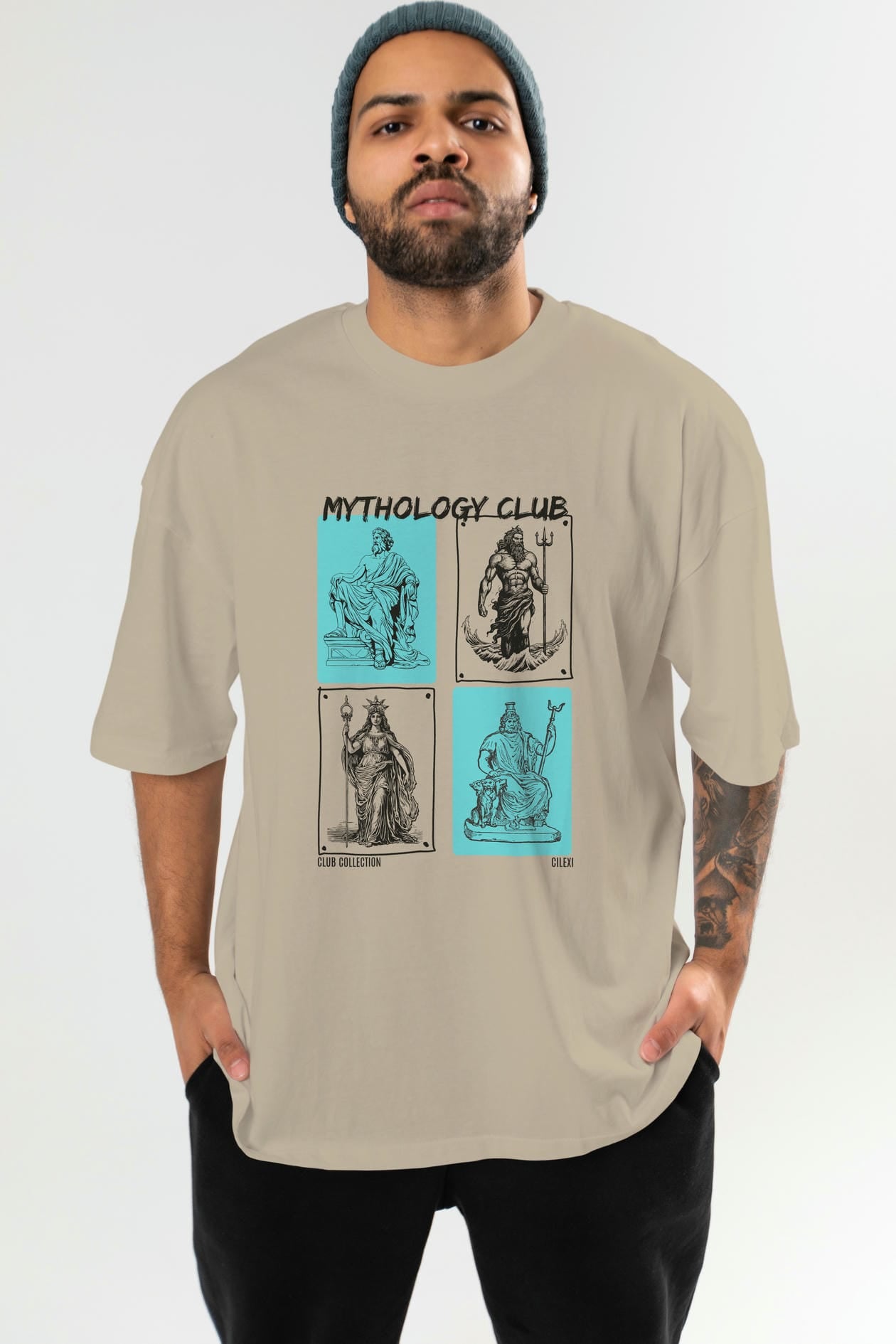 Mythology Club ön Baskılı Oversize t-shirt Erkek Kadın %100 Pamuk Bisiklet Yaka tişort