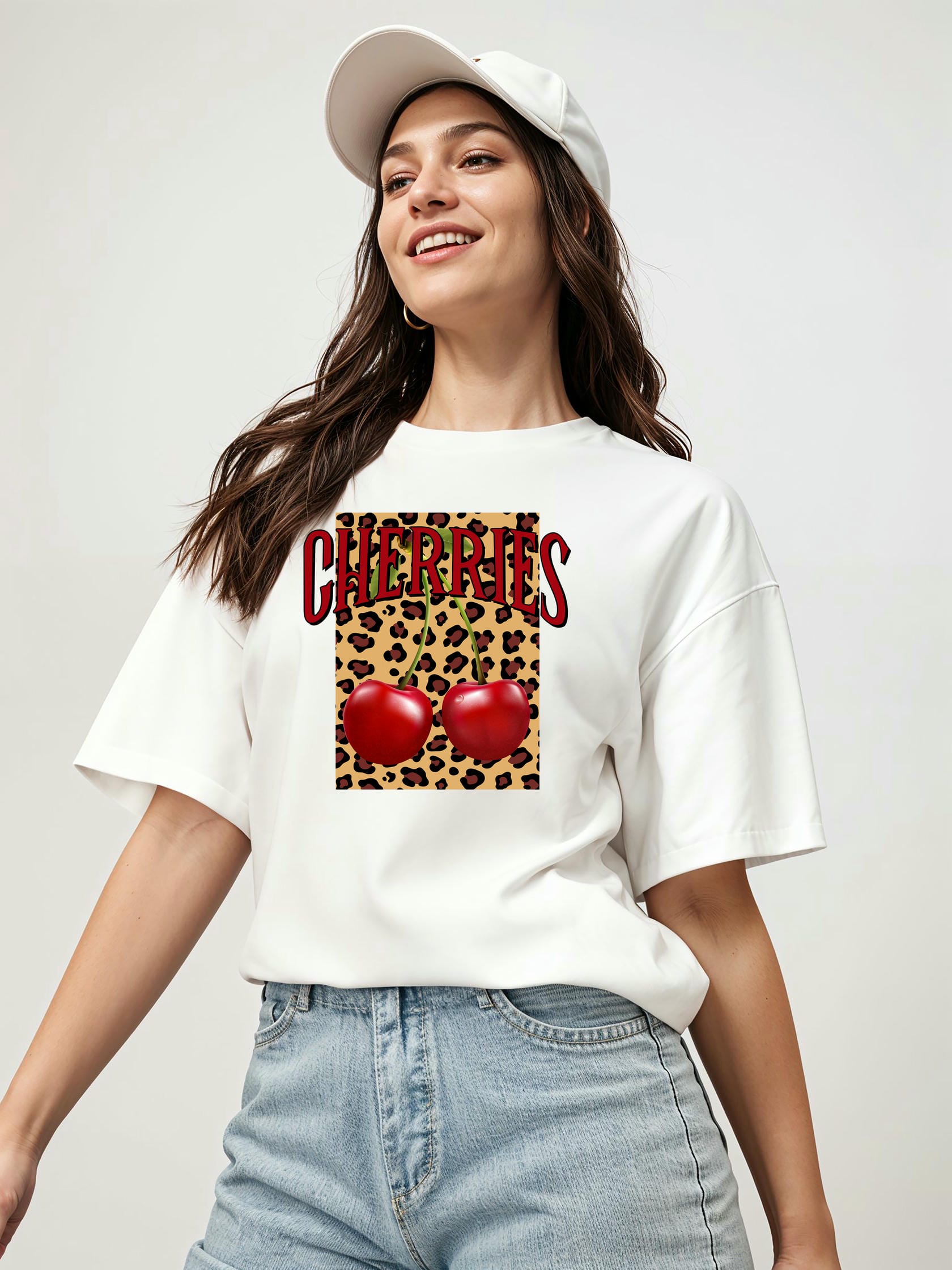 Cherry Cherries 6 Ön Baskılı Oversize t-shirt Erkek Kadın Pamuk Bisiklet Yaka tişort