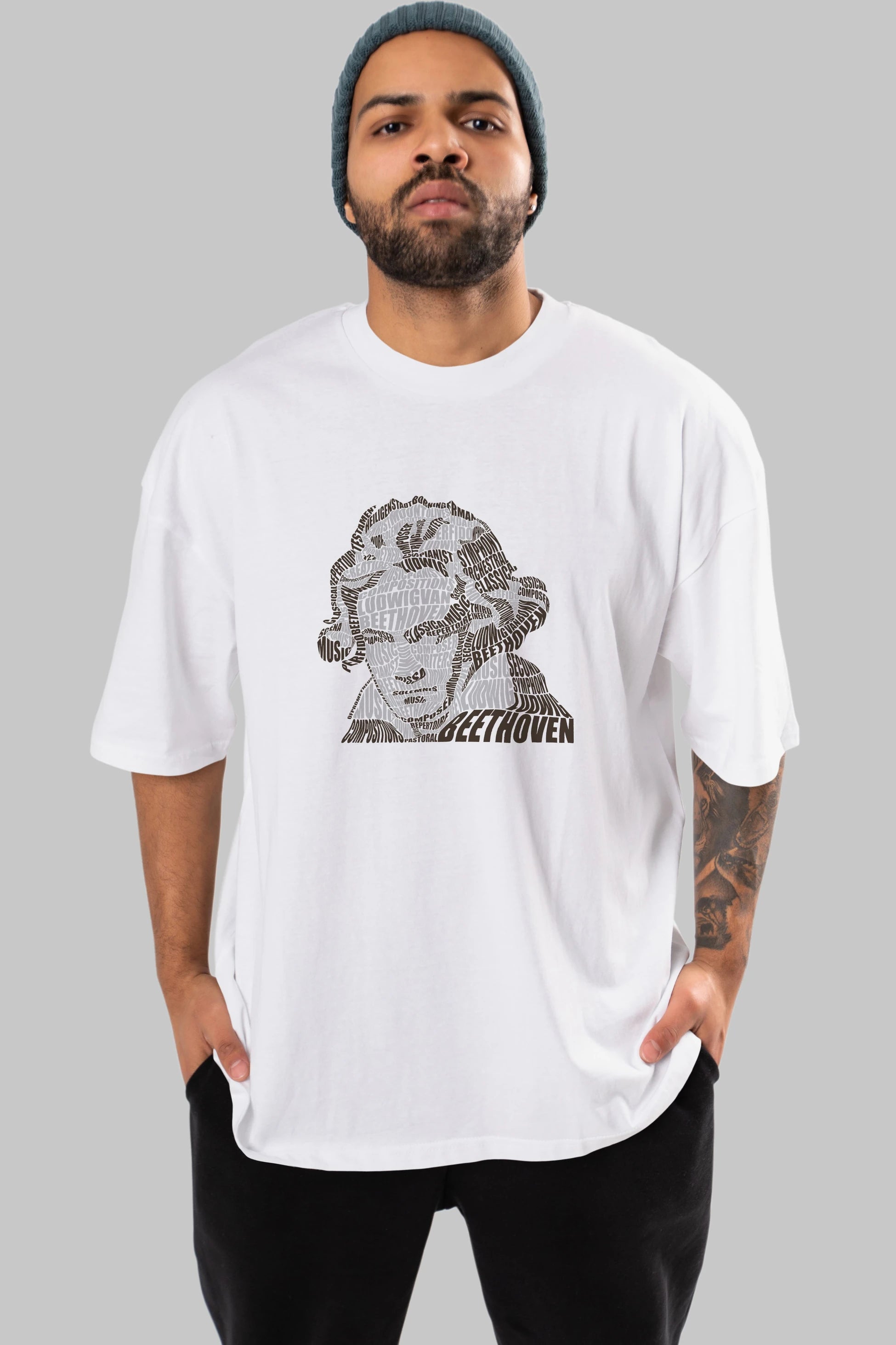 Ludwig van Beethoven Calligram Ön Baskılı Oversize t-shirt %100 pamuk Erkek Kadın Unisex