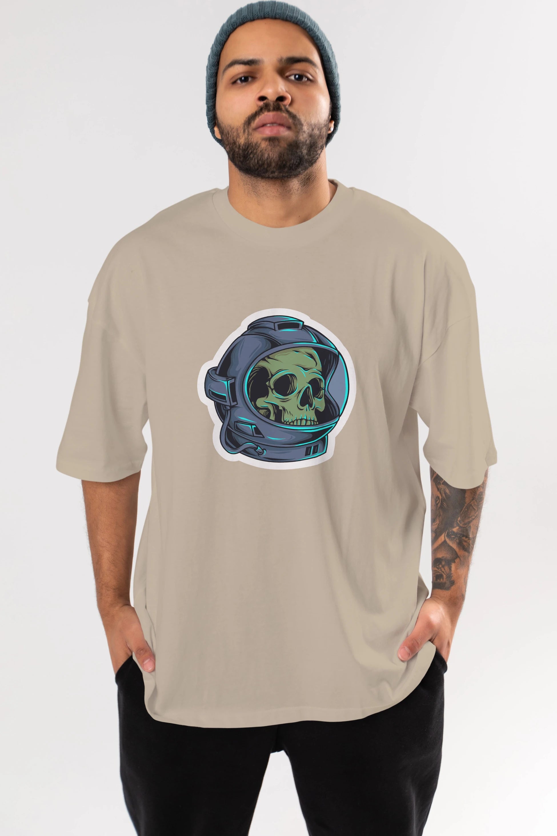 Astroskull Sticker Ön Baskılı Oversize t-shirt Erkek Kadın Unisex