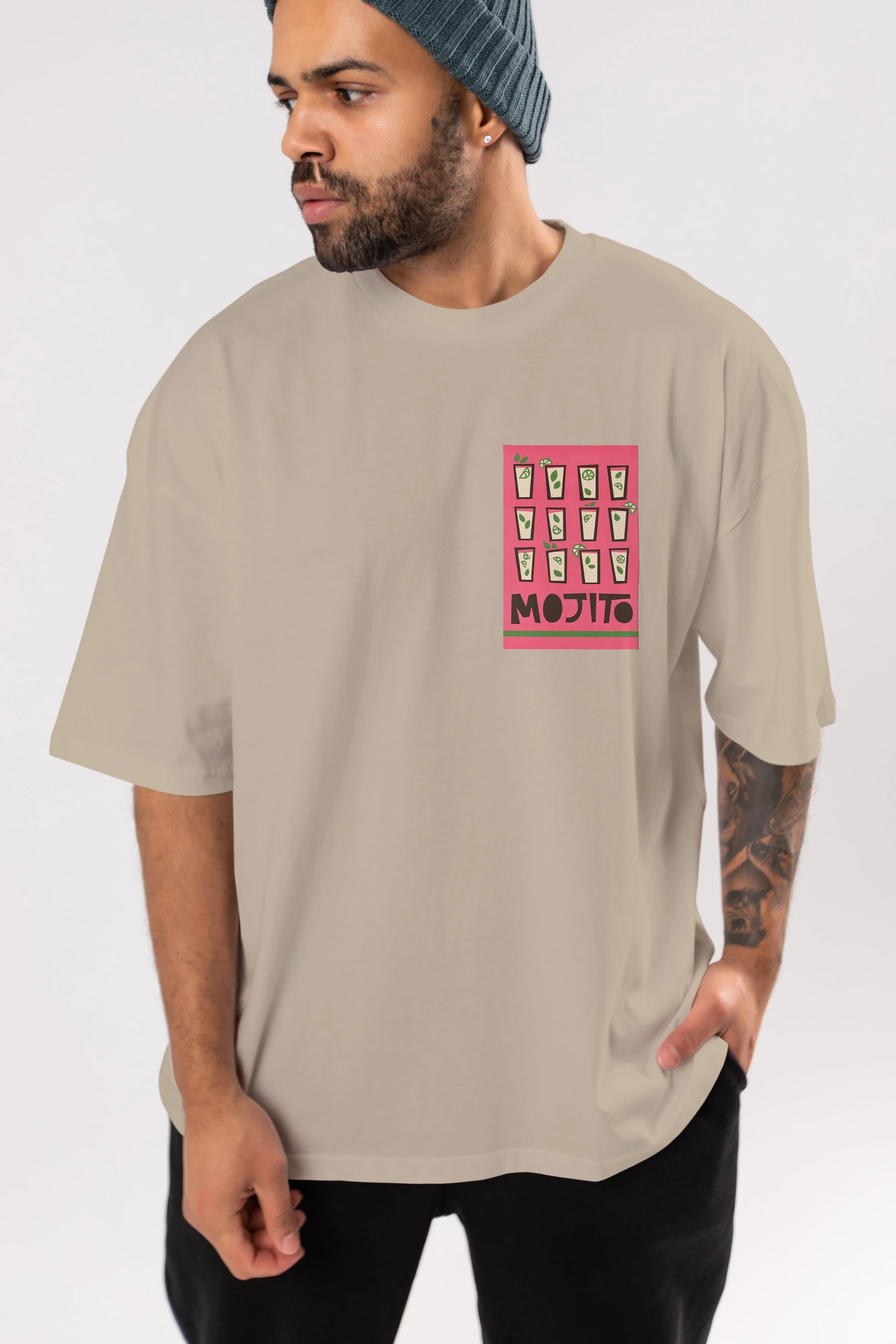 Mojito Ön Sol Baskılı Oversize t-shirt Erkek Kadın Unisex %100 Pamuk Bisiklet Yaka tişort