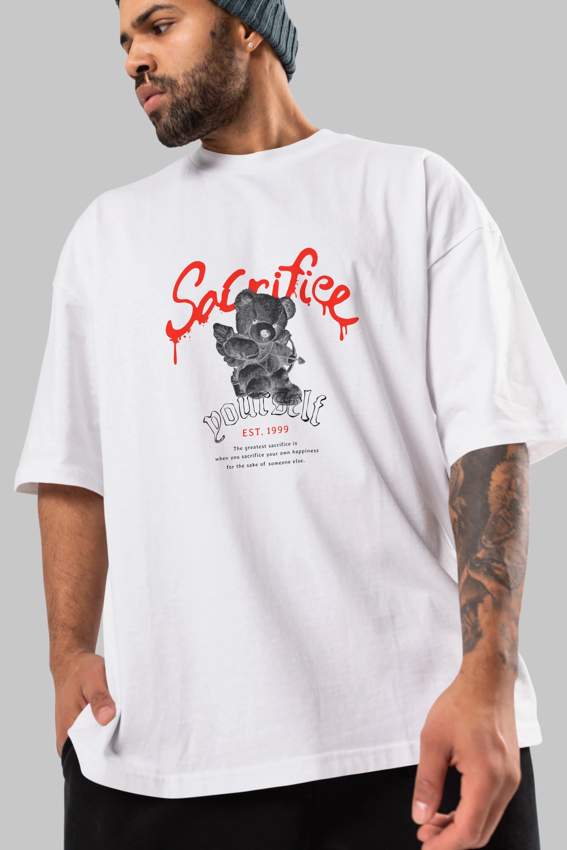 Sacrifice Yourself Bear Ön Baskılı Oversize t-shirt Erkek Kadın Unisex