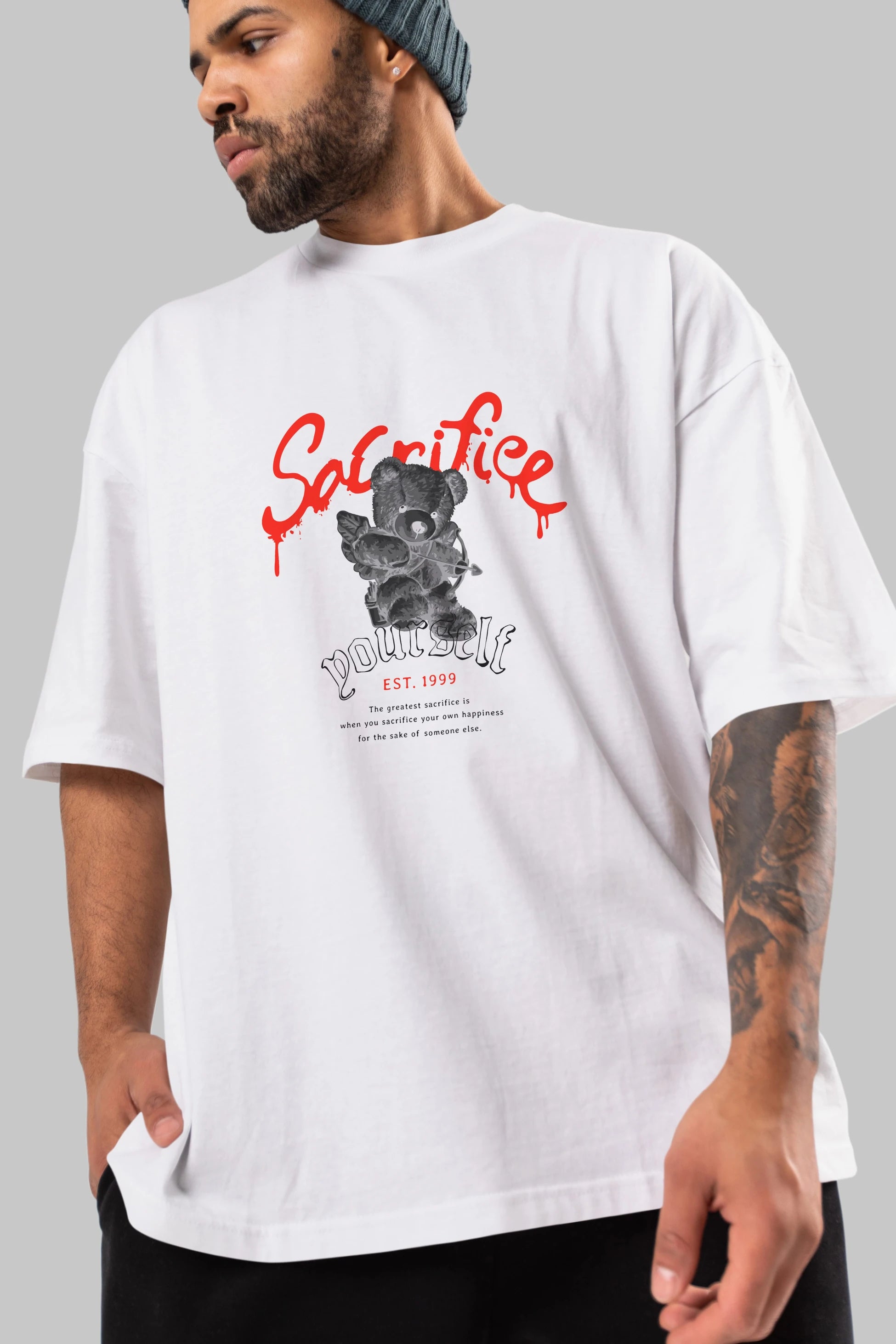 Sacrifice Yourself Bear Ön Baskılı Oversize t-shirt Erkek Kadın Unisex