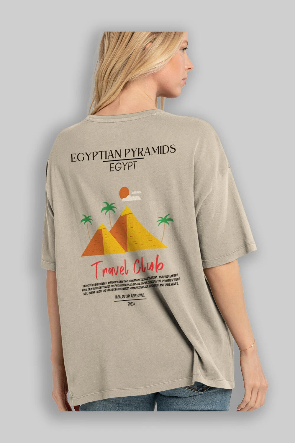 Egyptian Pyramids Egypt Arka Baskılı Oversize t-shirt Erkek Kadın Pamuk Bisiklet Yaka tişort