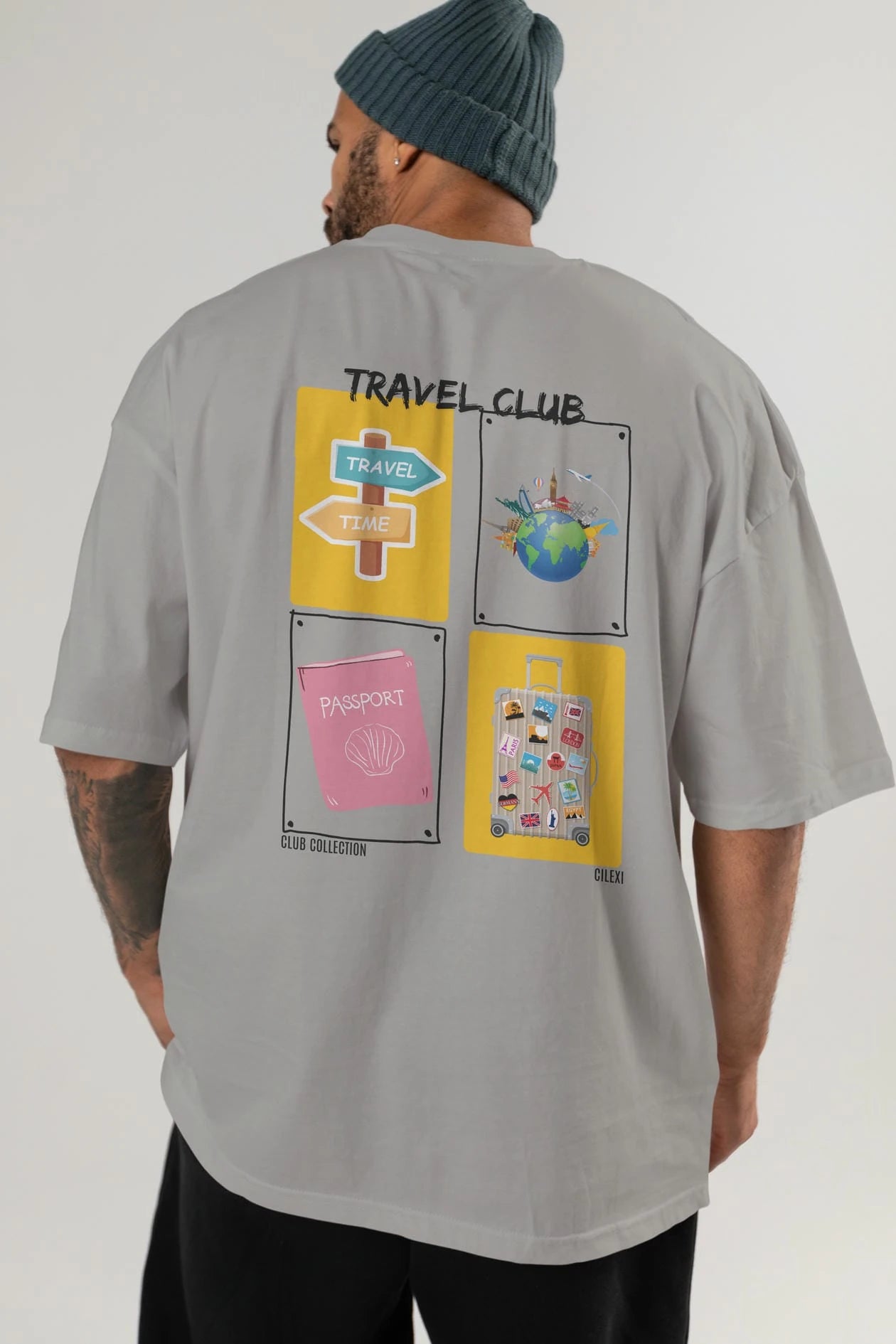 Travel Club Arka Baskılı Oversize t-shirt Erkek Kadın %100 Pamuk Bisiklet Yaka tişort