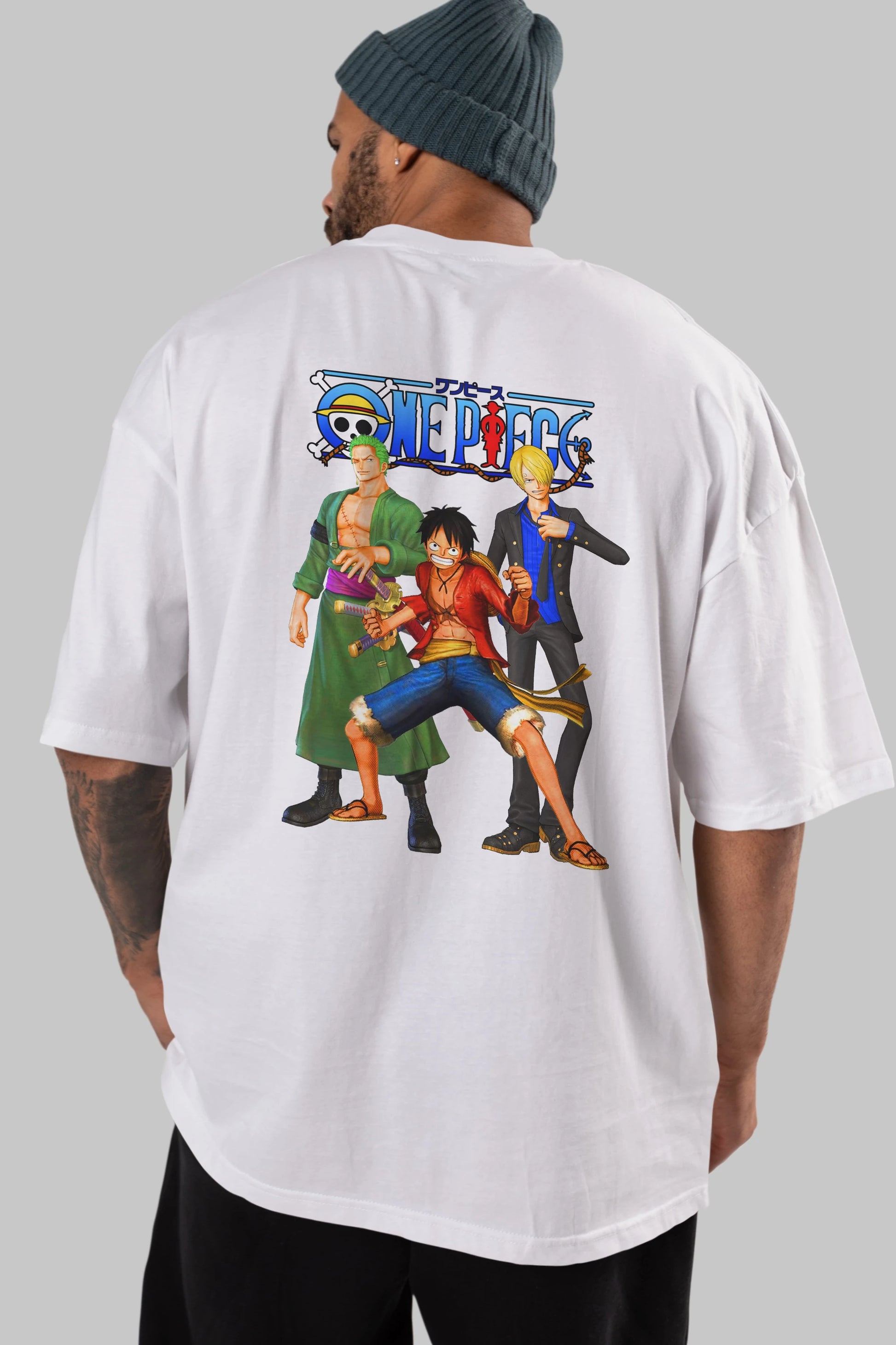 Luffy Sanji Zoro Anime Arka Baskılı Oversize t-shirt Erkek Kadın Unisex %100 pamuk tişort