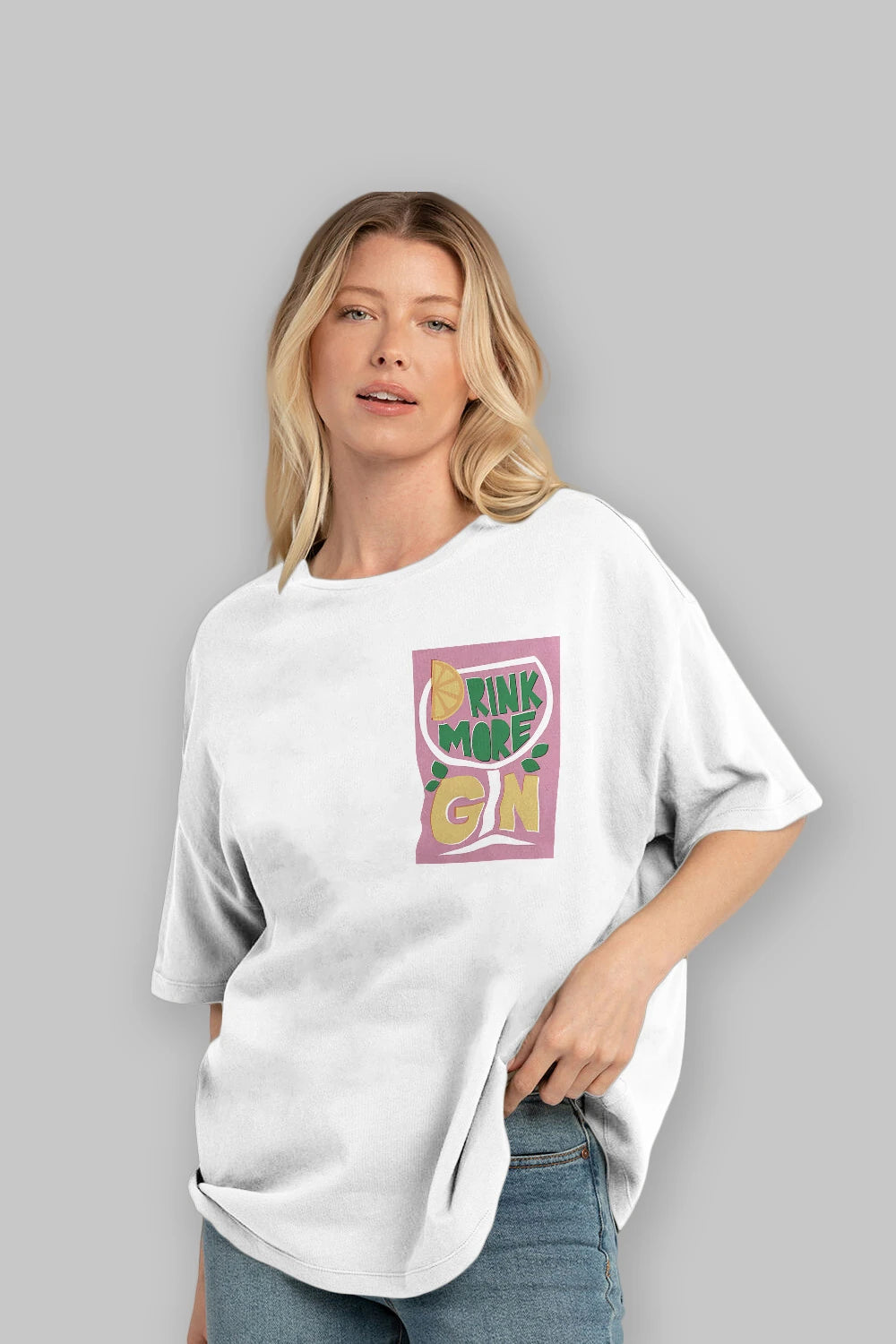 Drink More Gin Ön Sol Baskılı Oversize t-shirt Erkek Kadın Unisex %100 Pamuk Bisiklet Yaka tişort