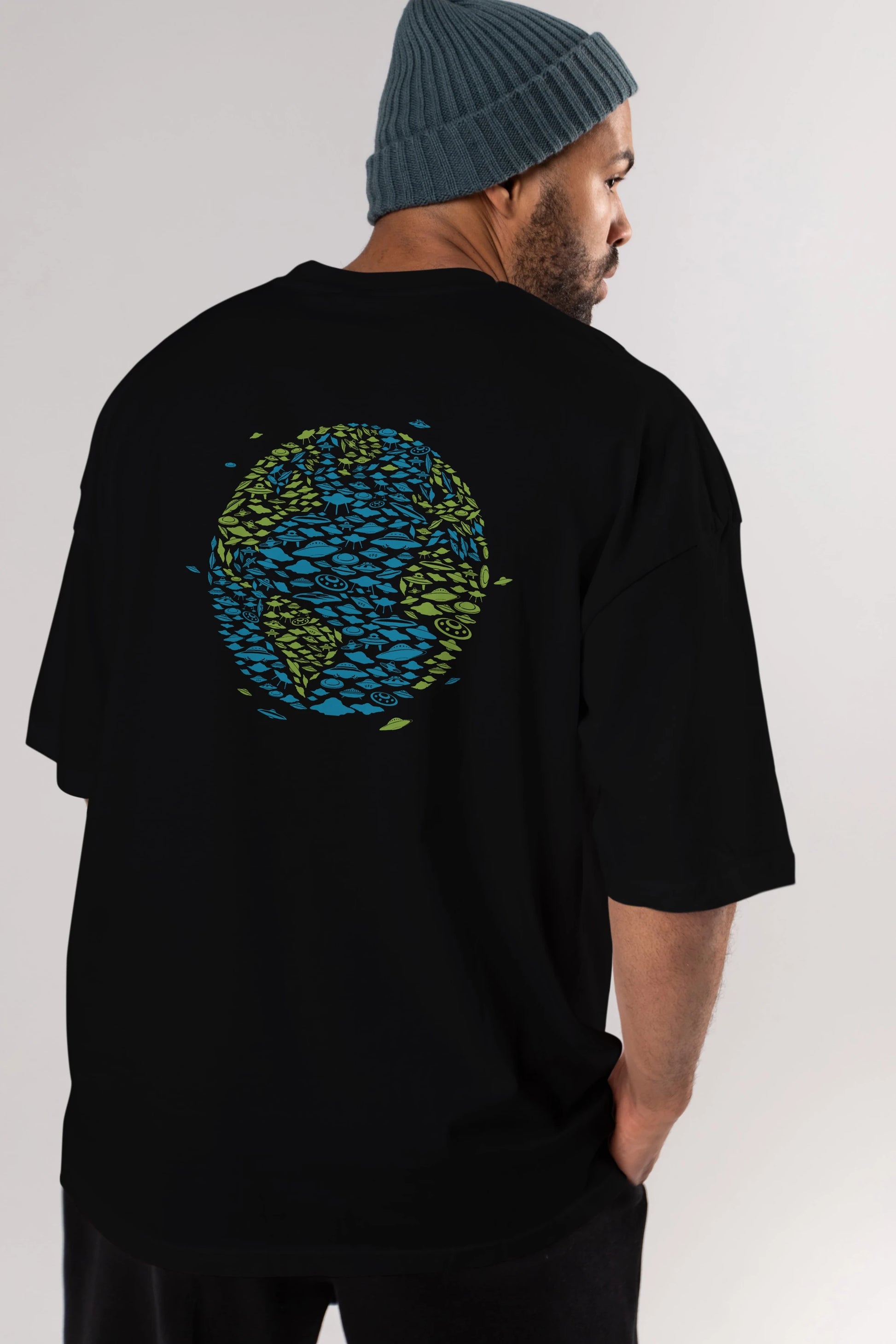 UFO Invasion Arka Baskılı Oversize t-shirt %100 pamuk Erkek Kadın Unisex