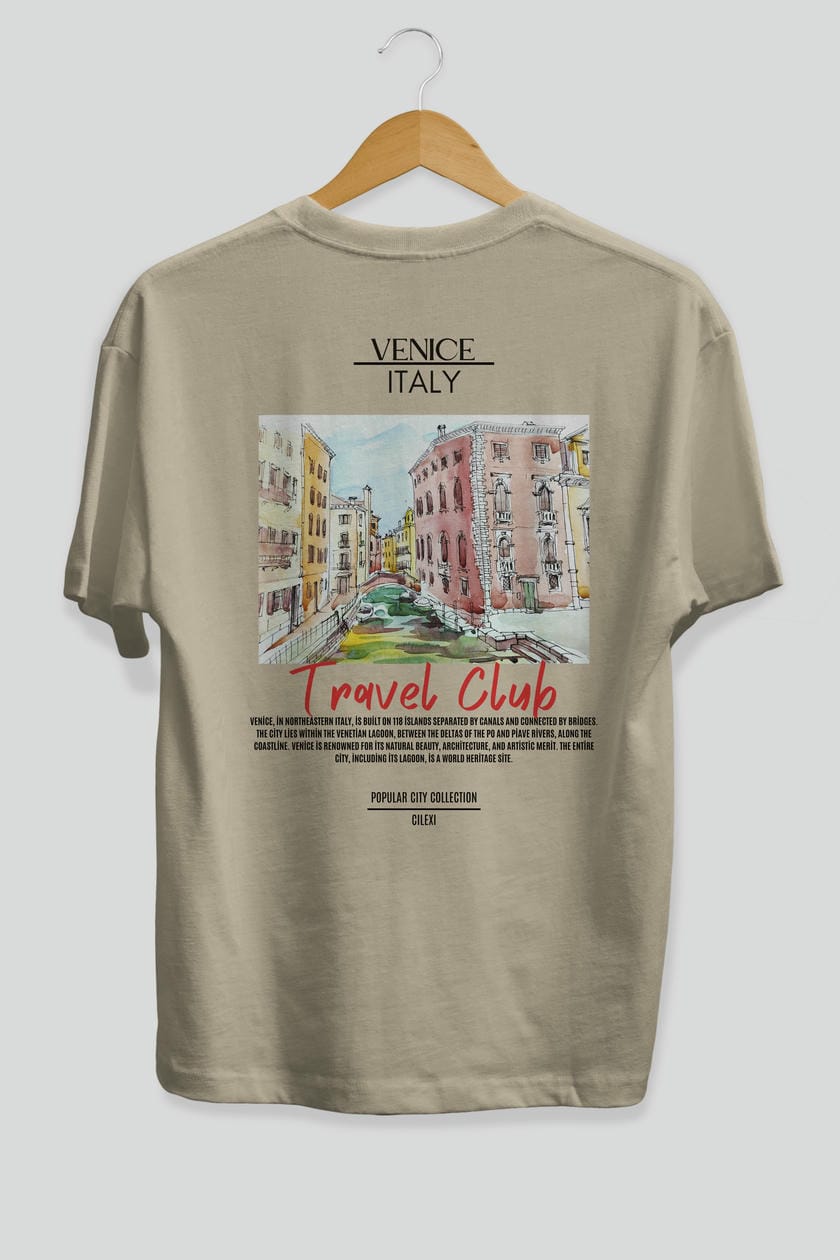 Venice İtaly Arka Baskılı Oversize t-shirt Erkek Kadın Pamuk Bisiklet Yaka tişort