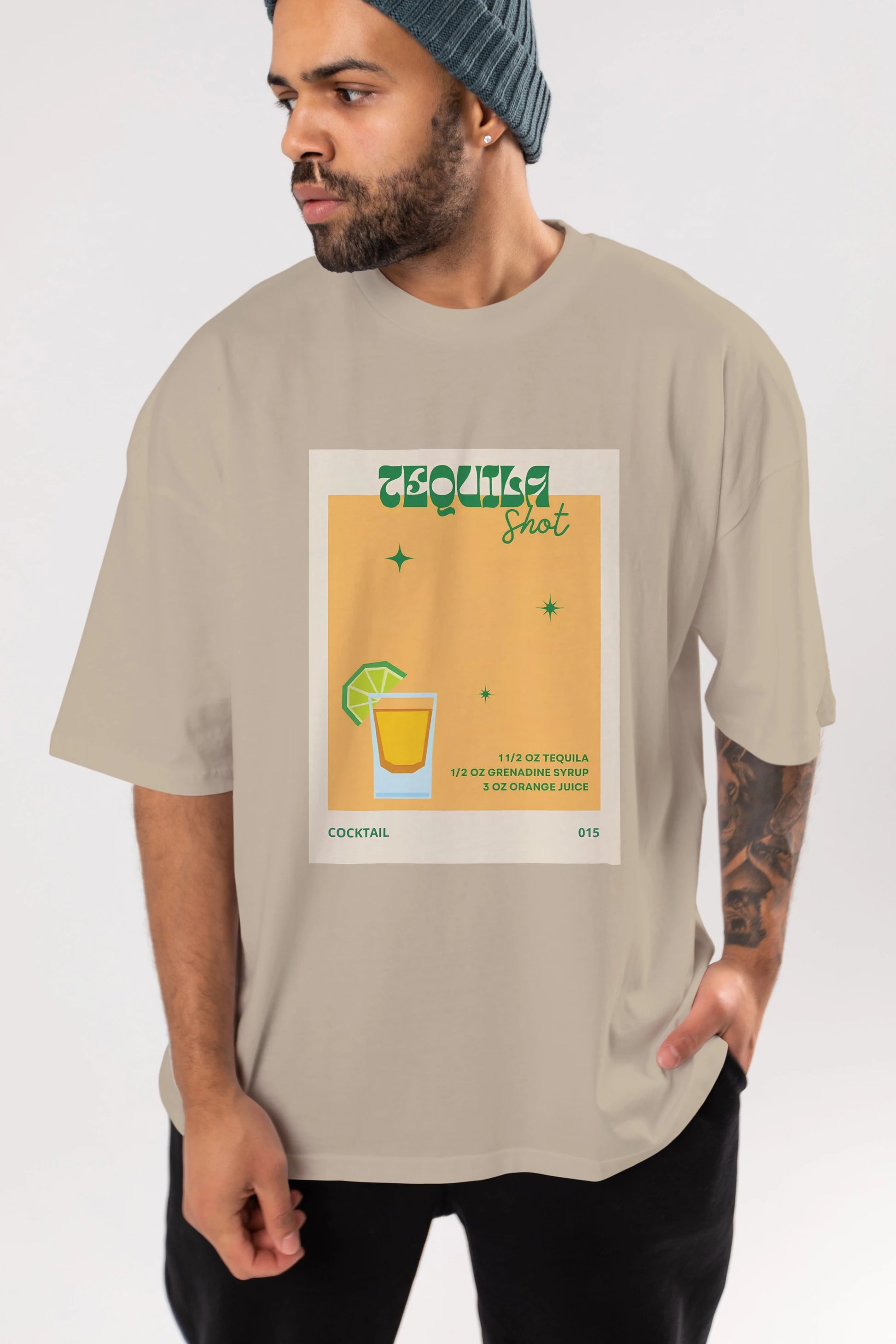 Tequila Shot 2 Ön Baskılı Oversize t-shirt Erkek Kadın Unisex %100 Pamuk Bisiklet Yaka tişort