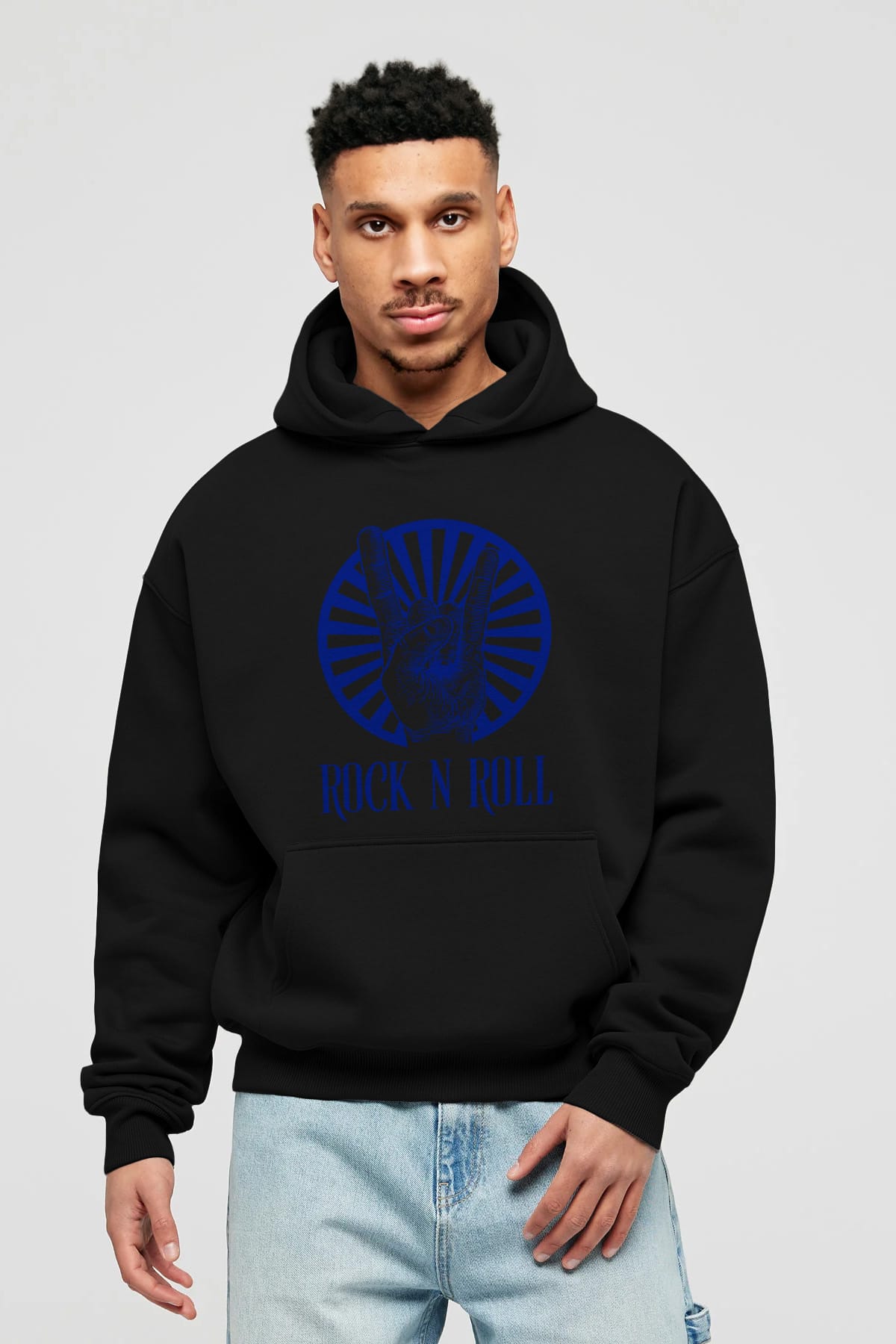 Rock N Roll Yazılı Ön Baskılı Oversize Hoodie Kapüşonlu Sweatshirt Erkek Kadın Unisex