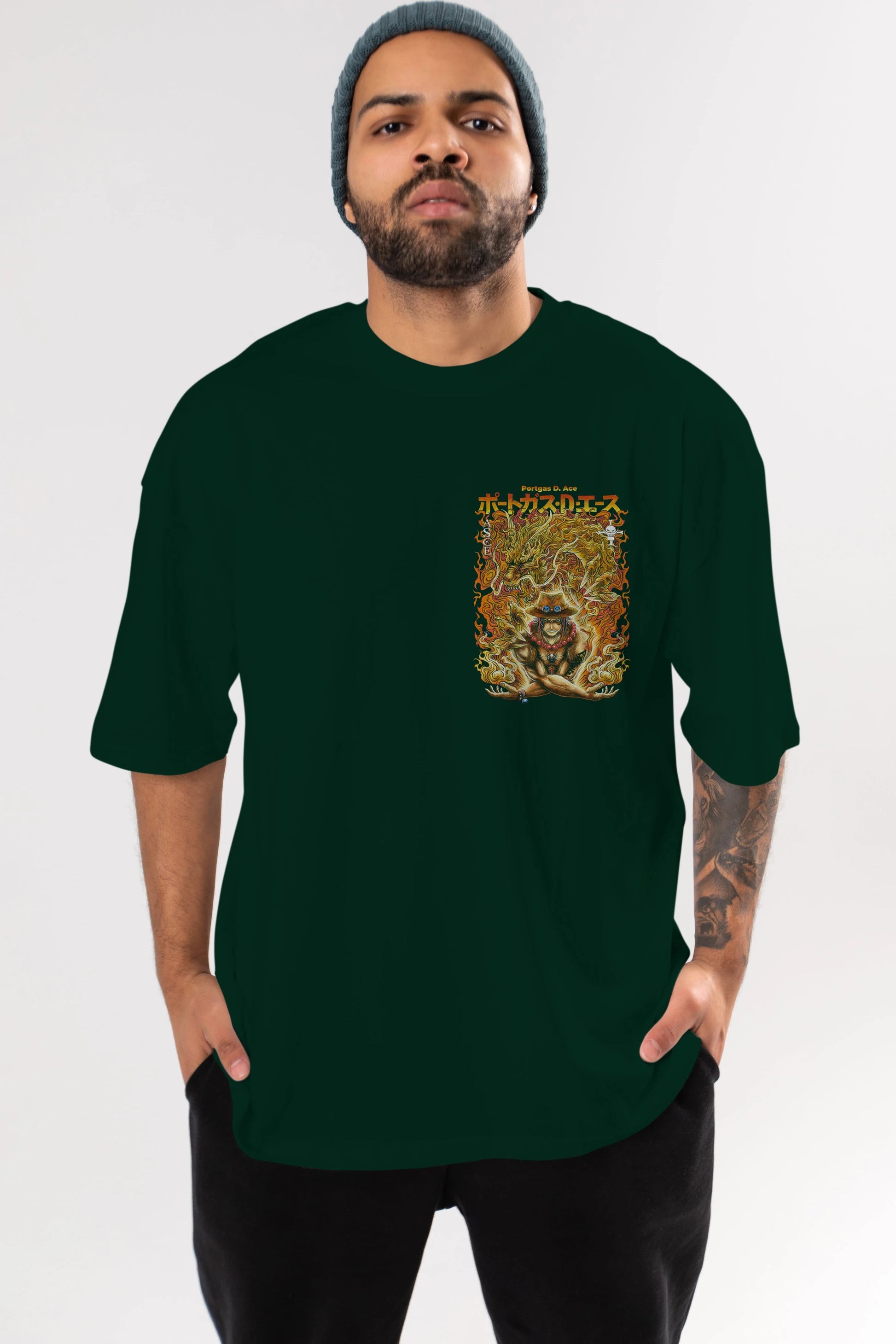 PORTGAS D. ACE Ön Sol Baskılı Oversize t-shirt Erkek Kadın Unisex %100 Pamuk Bisiklet Yaka tişort