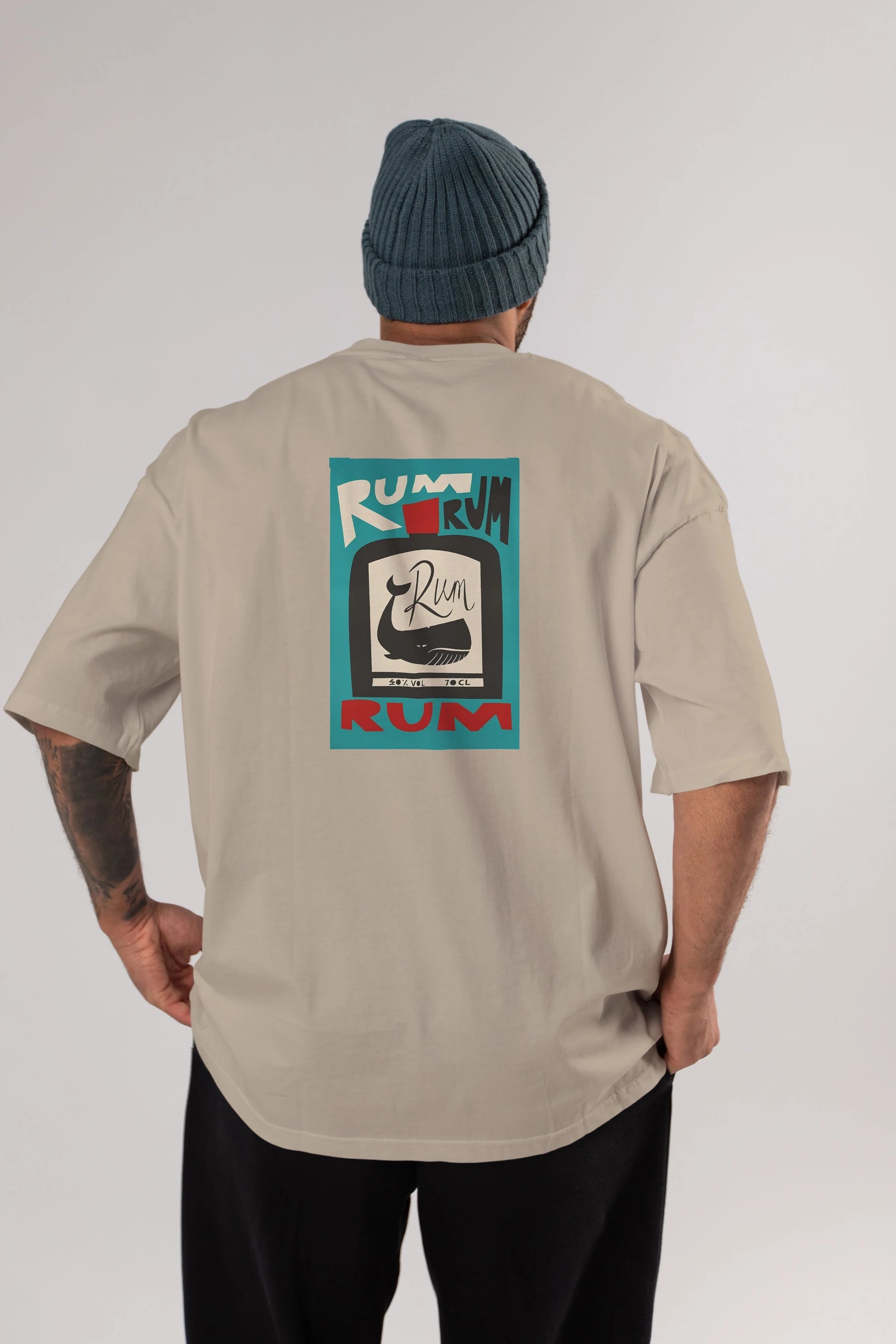 Rum Arka Baskılı Oversize t-shirt Erkek Kadın Unisex %100 Pamuk Bisiklet Yaka tişort