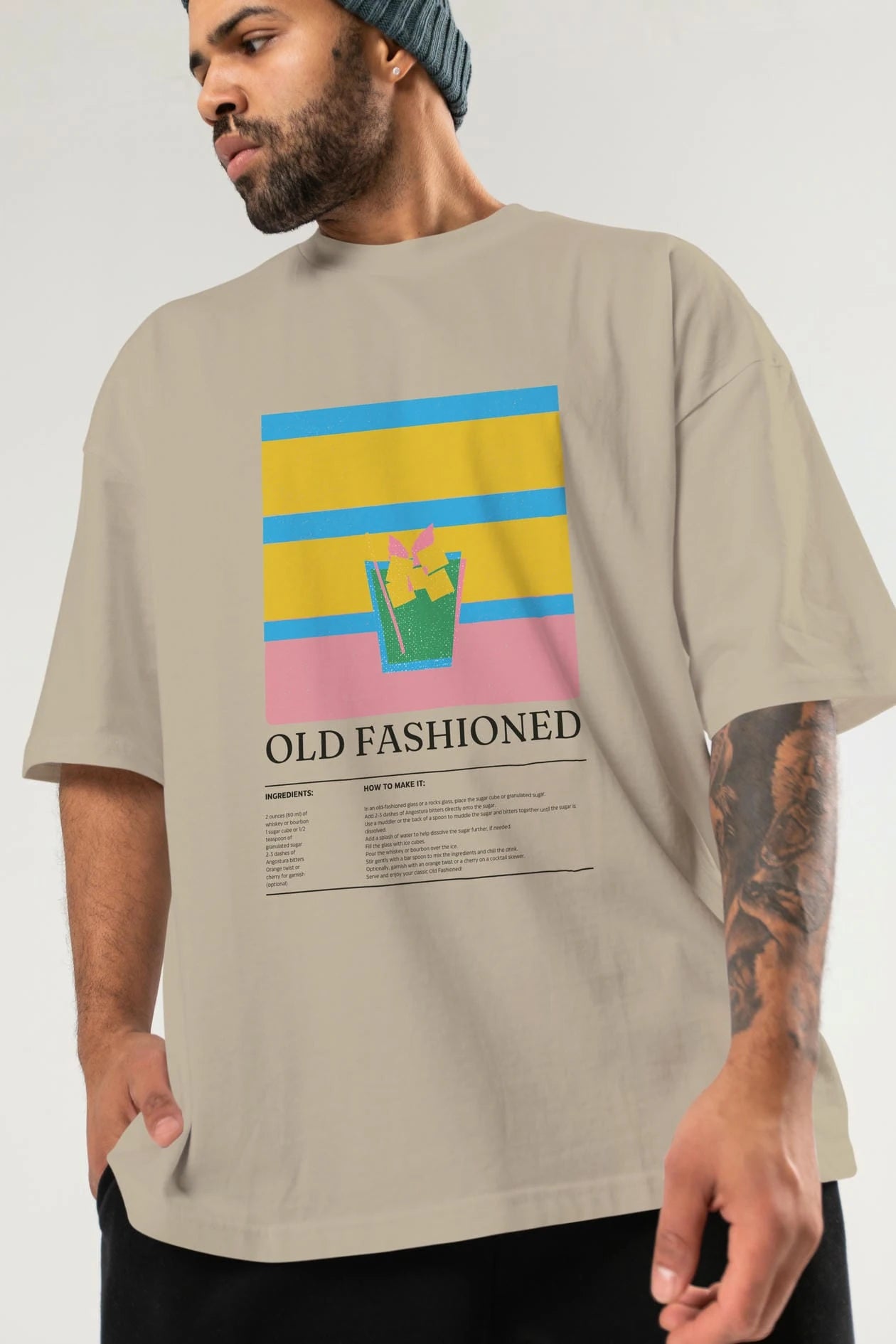 Old Fashioned Kokteyl Ön Baskılı Oversize t-shirt Erkek Kadın %100 Pamuk Bisiklet Yaka tişort