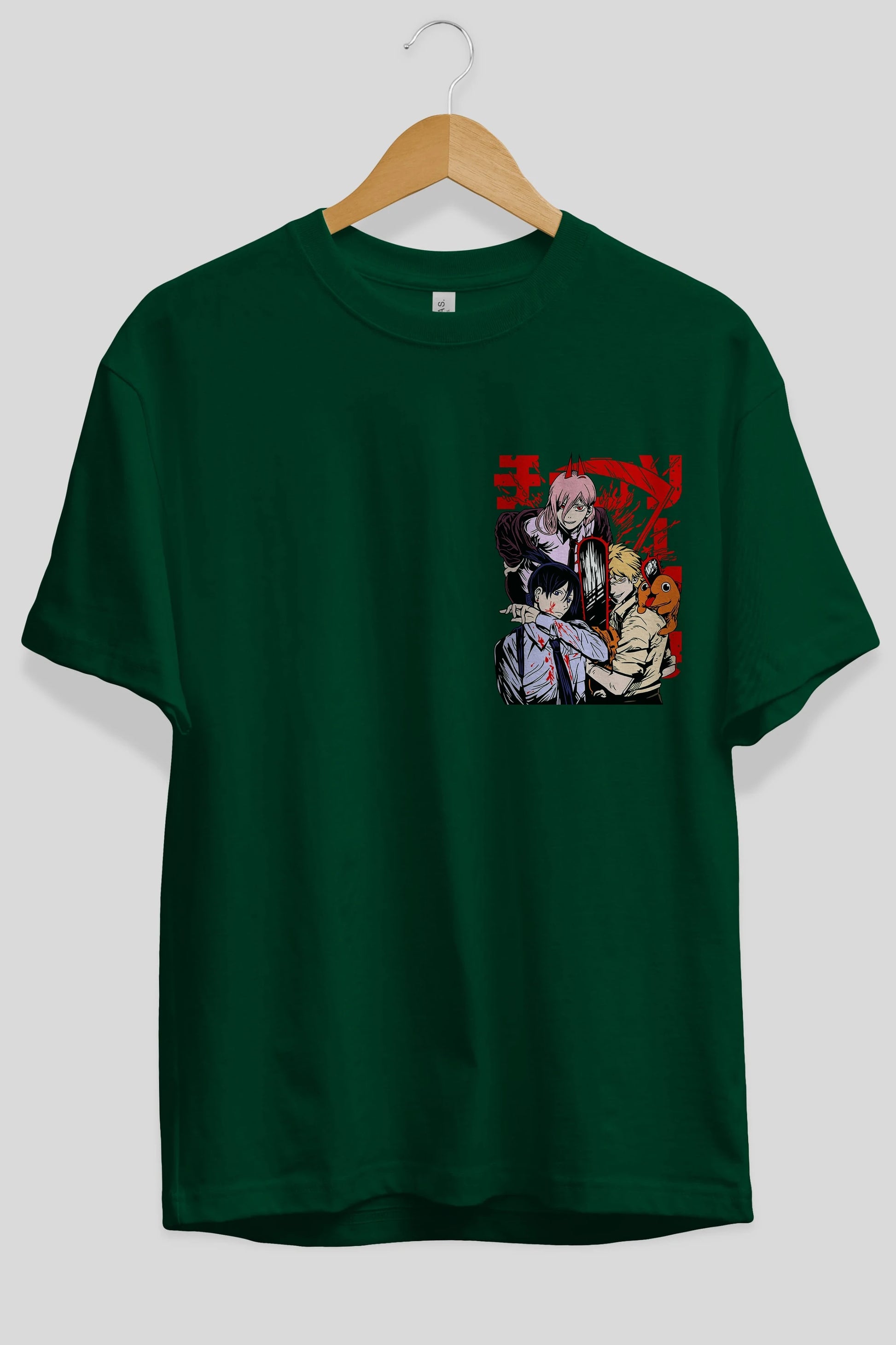 CHAINSAWMAN CREW Ön Sol Baskılı Oversize t-shirt Erkek Kadın Unisex %100 Pamuk Bisiklet Yaka tişort