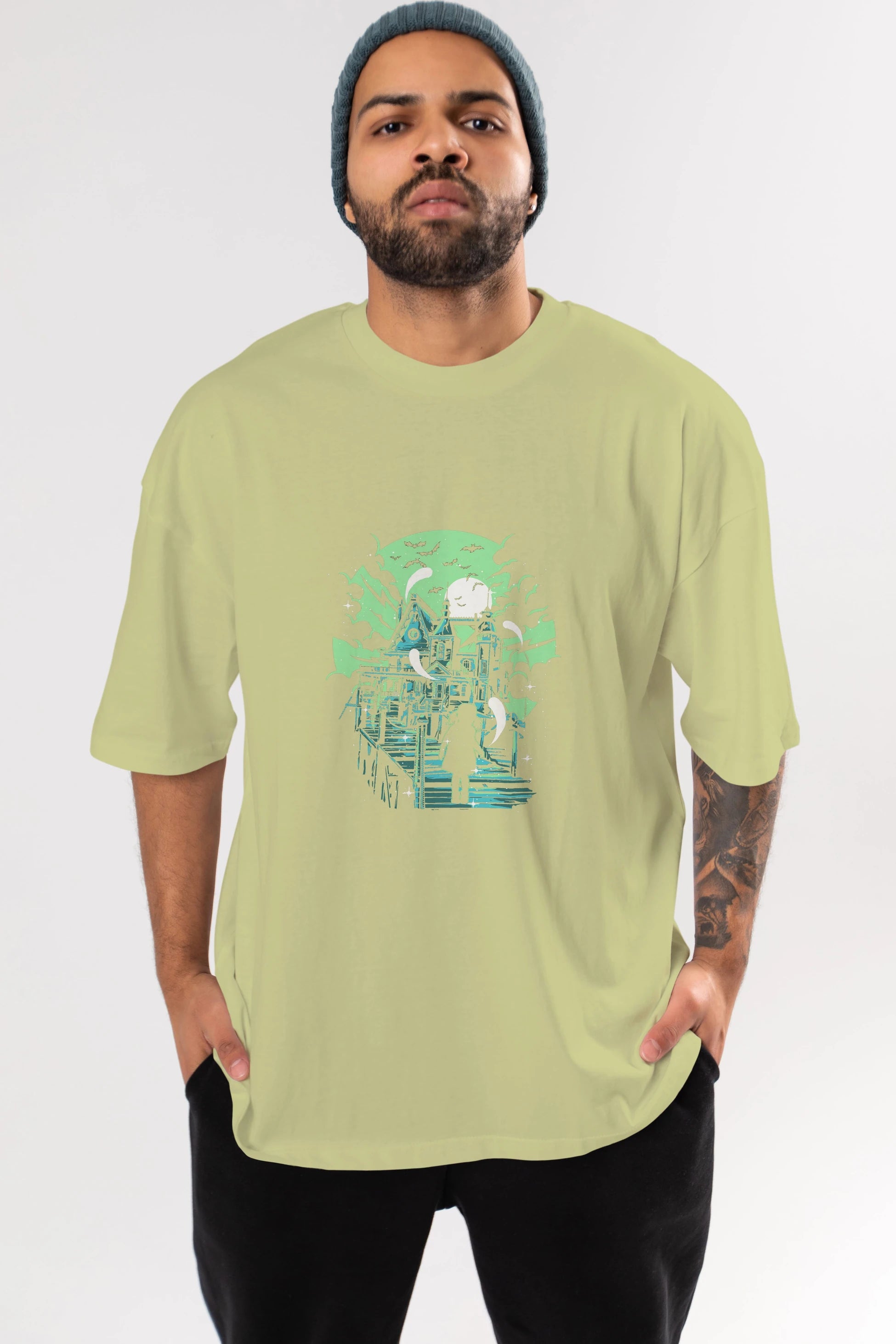 Haunted House Ön Baskılı Oversize t-shirt Erkek Kadın Unisex %100 Pamuk tişort