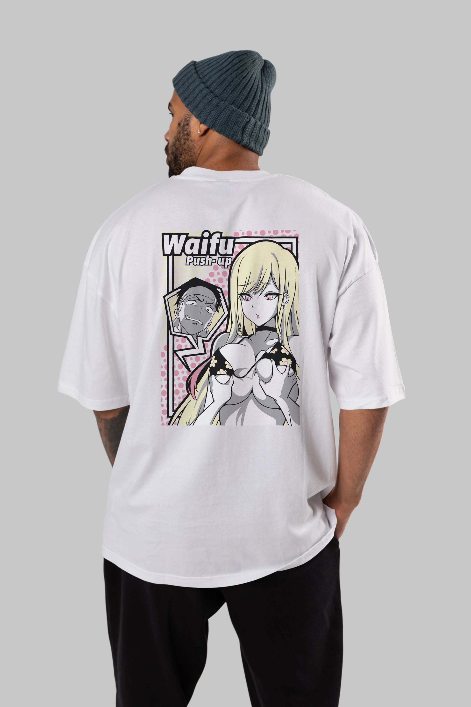 Waifu PushUp Anime Arka Baskılı Oversize t-shirt Erkek Kadın Unisex