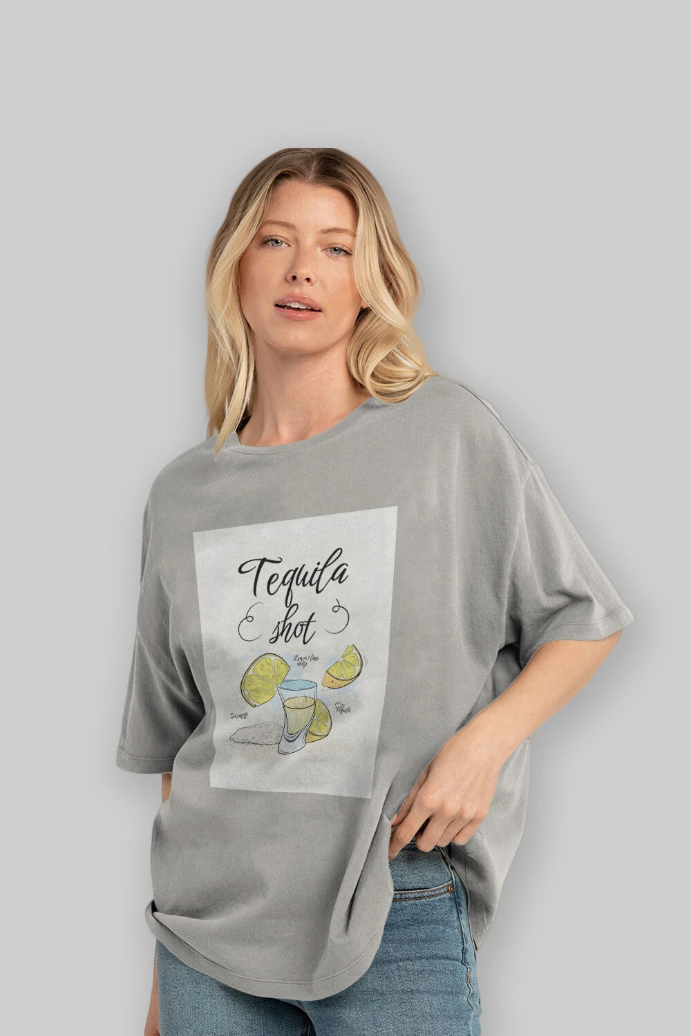 Tequila Shot Ön Baskılı Oversize t-shirt Erkek Kadın Unisex %100 Pamuk Bisiklet Yaka tişort