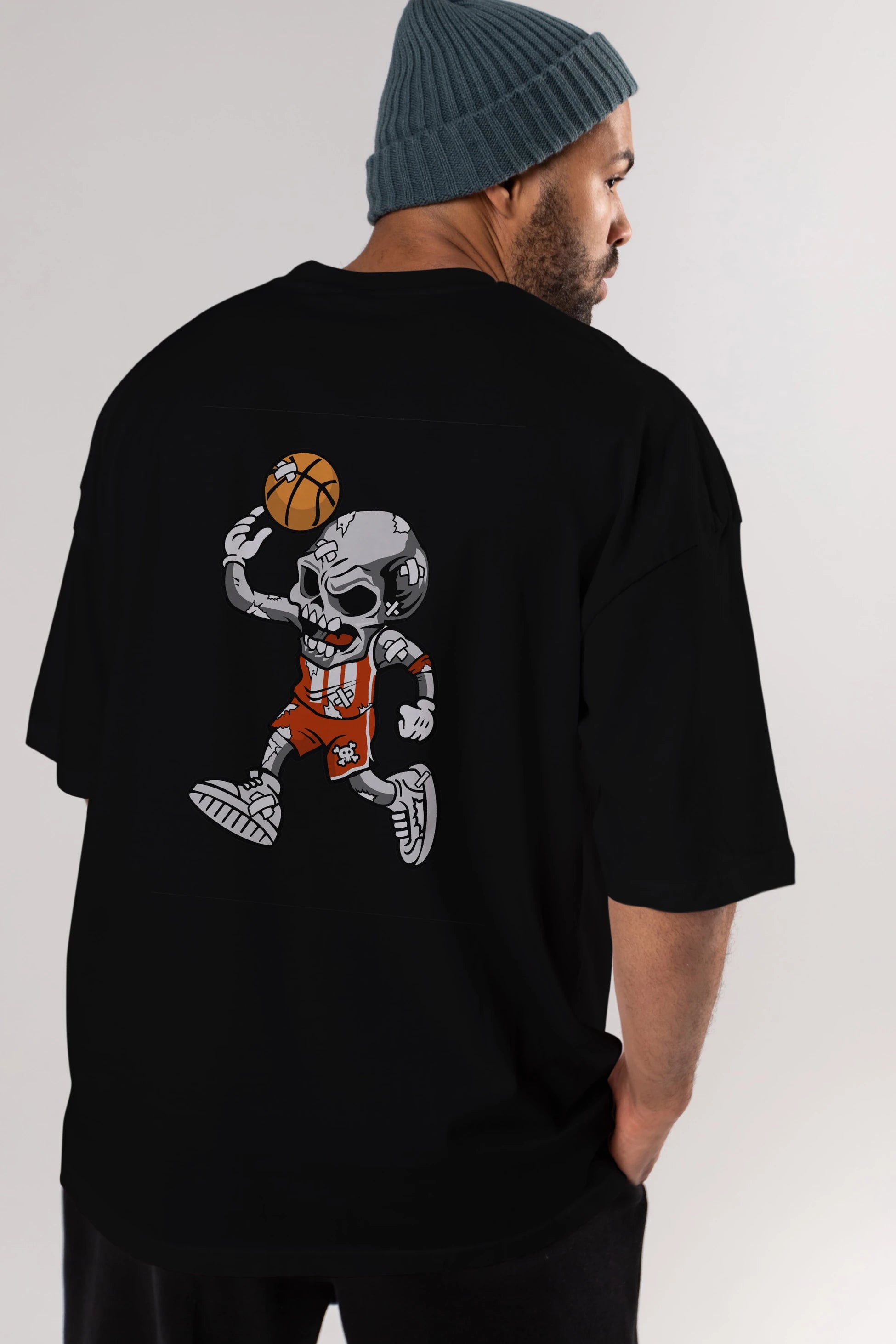 Skull Basketball Arka Baskılı Oversize t-shirt Erkek Kadın Unisex %100 Pamuk tişort