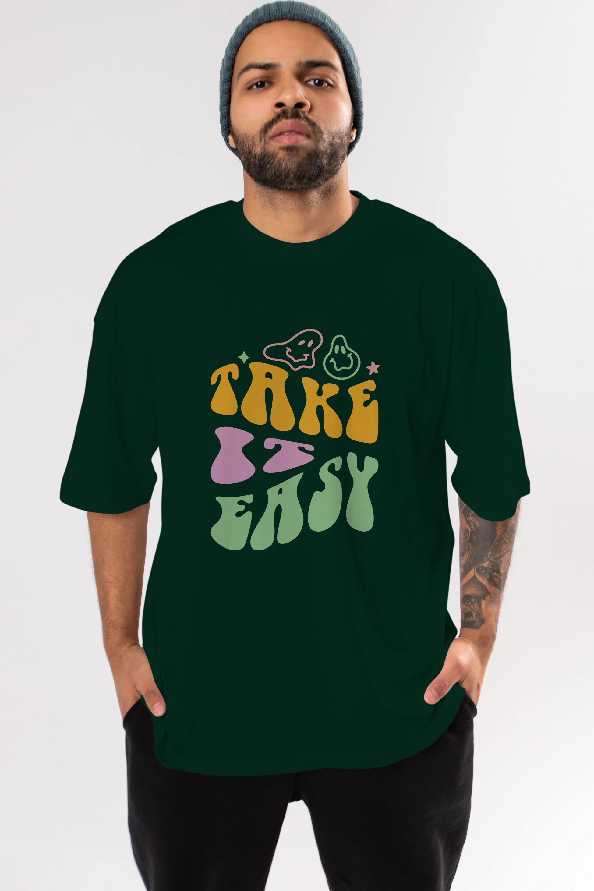 Take it Easy Yazılı Ön Baskılı Oversize t-shirt Erkek Kadın Unisex