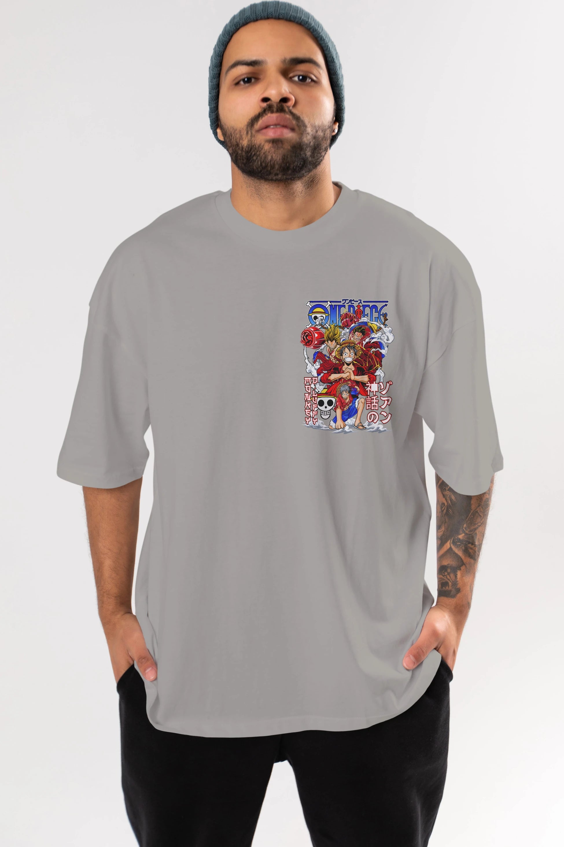 MONKEY D. LUFF-ONE PIECE 2 Ön Sol Baskılı Oversize t-shirt Erkek Kadın Unisex %100 Pamuk Bisiklet Yaka tişort