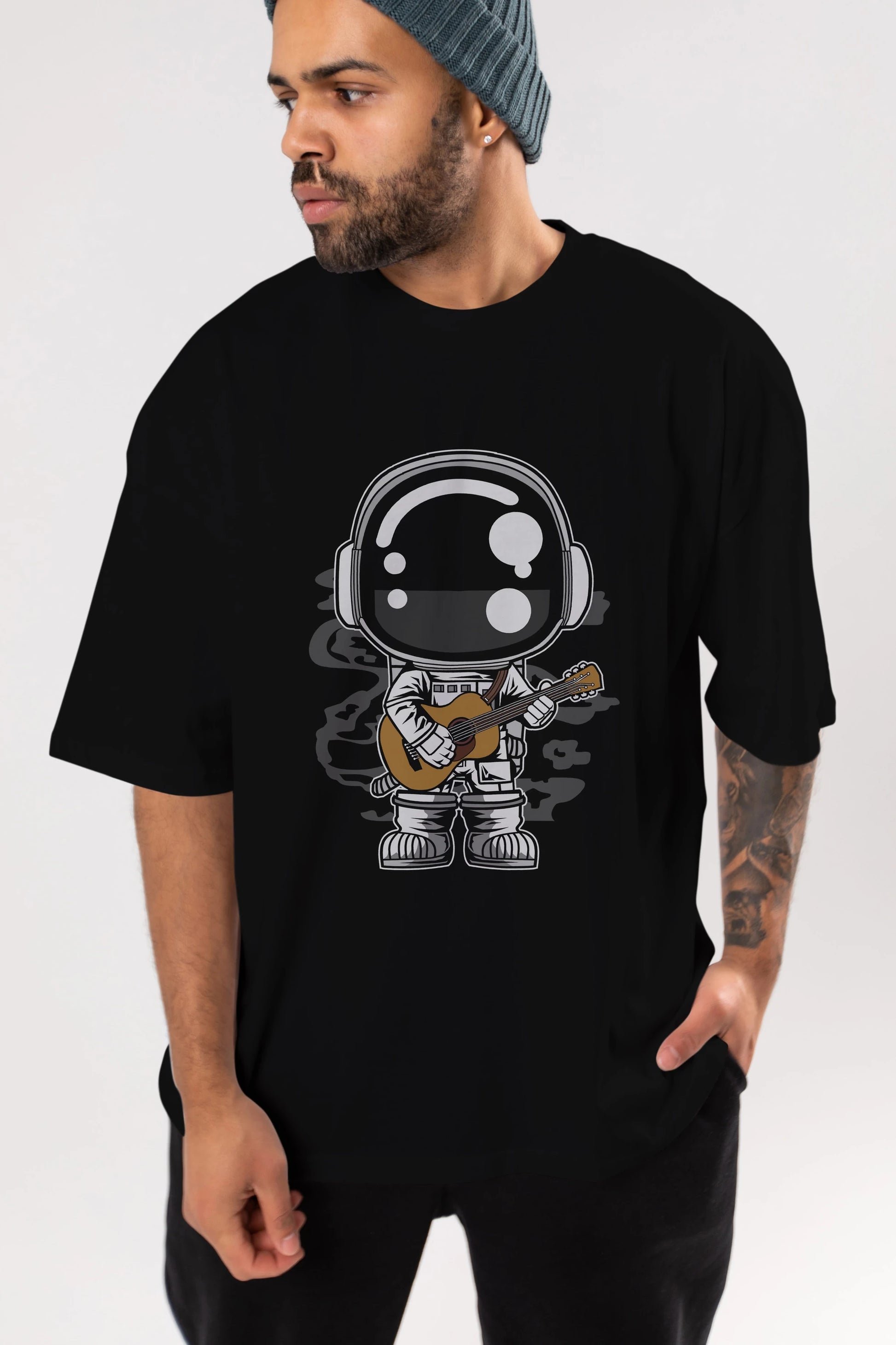 Astronaut Acoustic Guitar Ön Baskılı Oversize t-shirt Erkek Kadın Unisex
