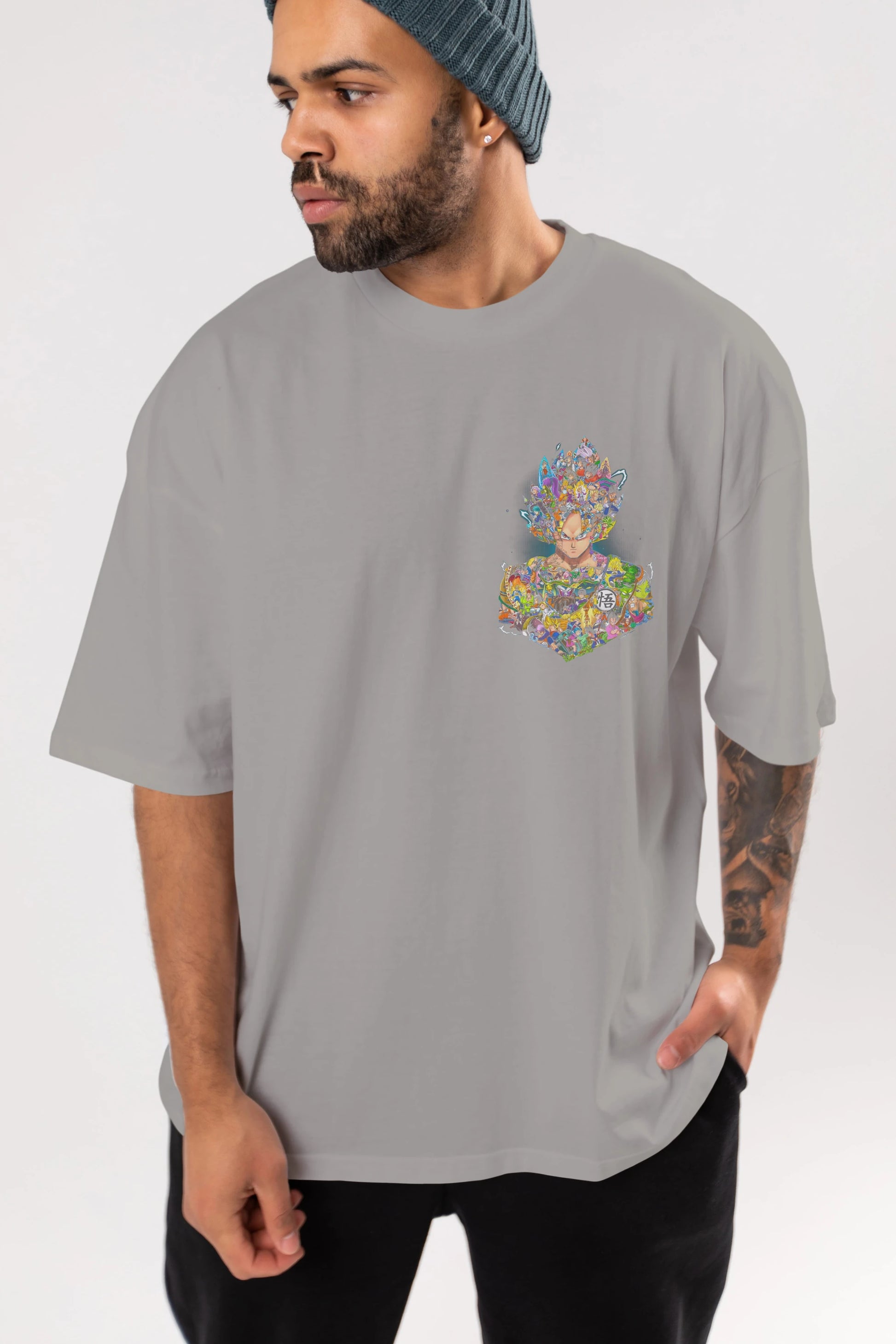 DRAGON BALL ART Ön Sol Baskılı Oversize t-shirt Erkek Kadın Unisex %100 Pamuk Bisiklet Yaka tişort