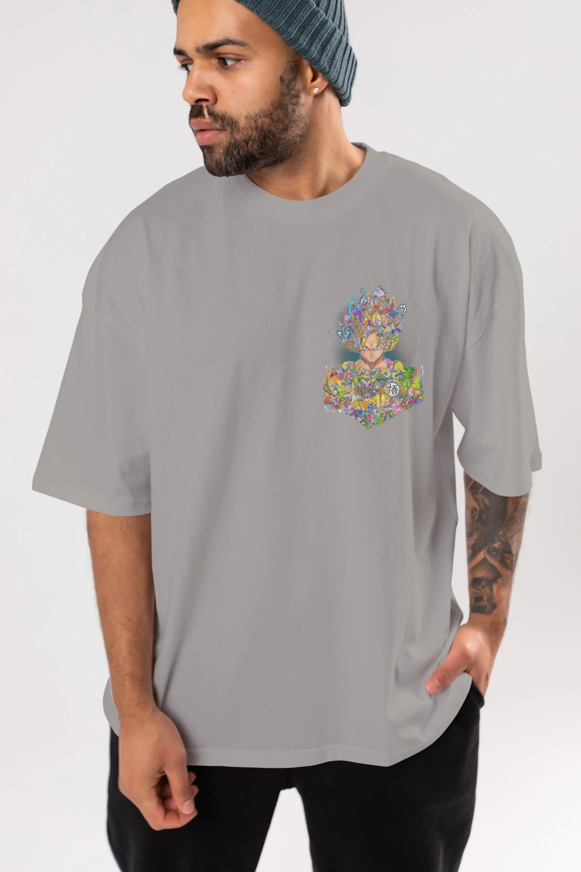 DRAGON BALL ART Ön Sol Baskılı Oversize t-shirt Erkek Kadın Unisex %100 Pamuk Bisiklet Yaka tişort