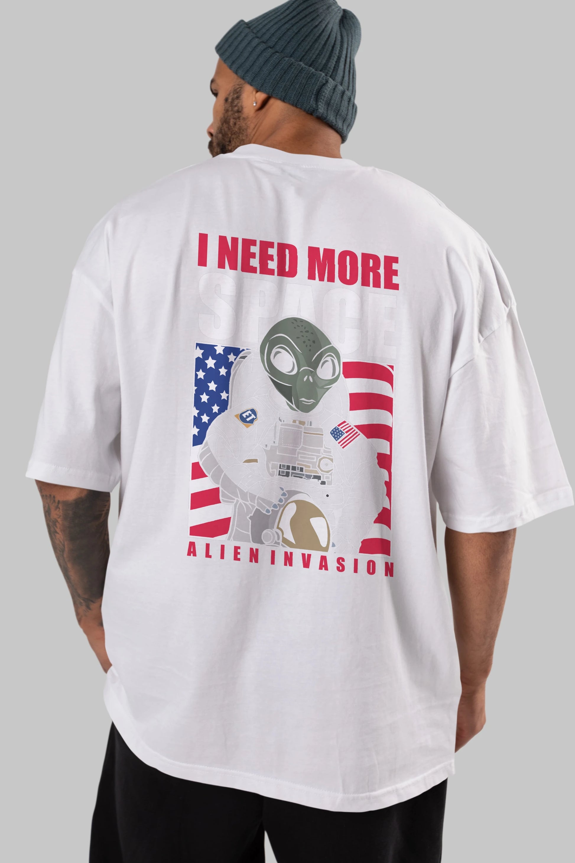 Alien Astronaut Arka Baskılı Oversize t-shirt Erkek Kadın Unisex %100 Pamuk tişort