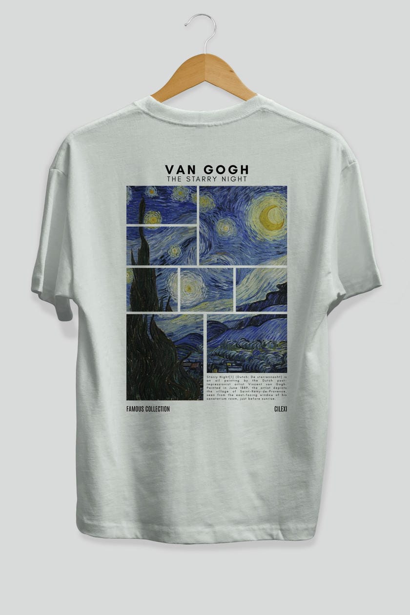 Van Gogh The Starry Night Arka Baskılı Oversize t-shirt Erkek Kadın Bisiklet Yaka Pamuk tişort