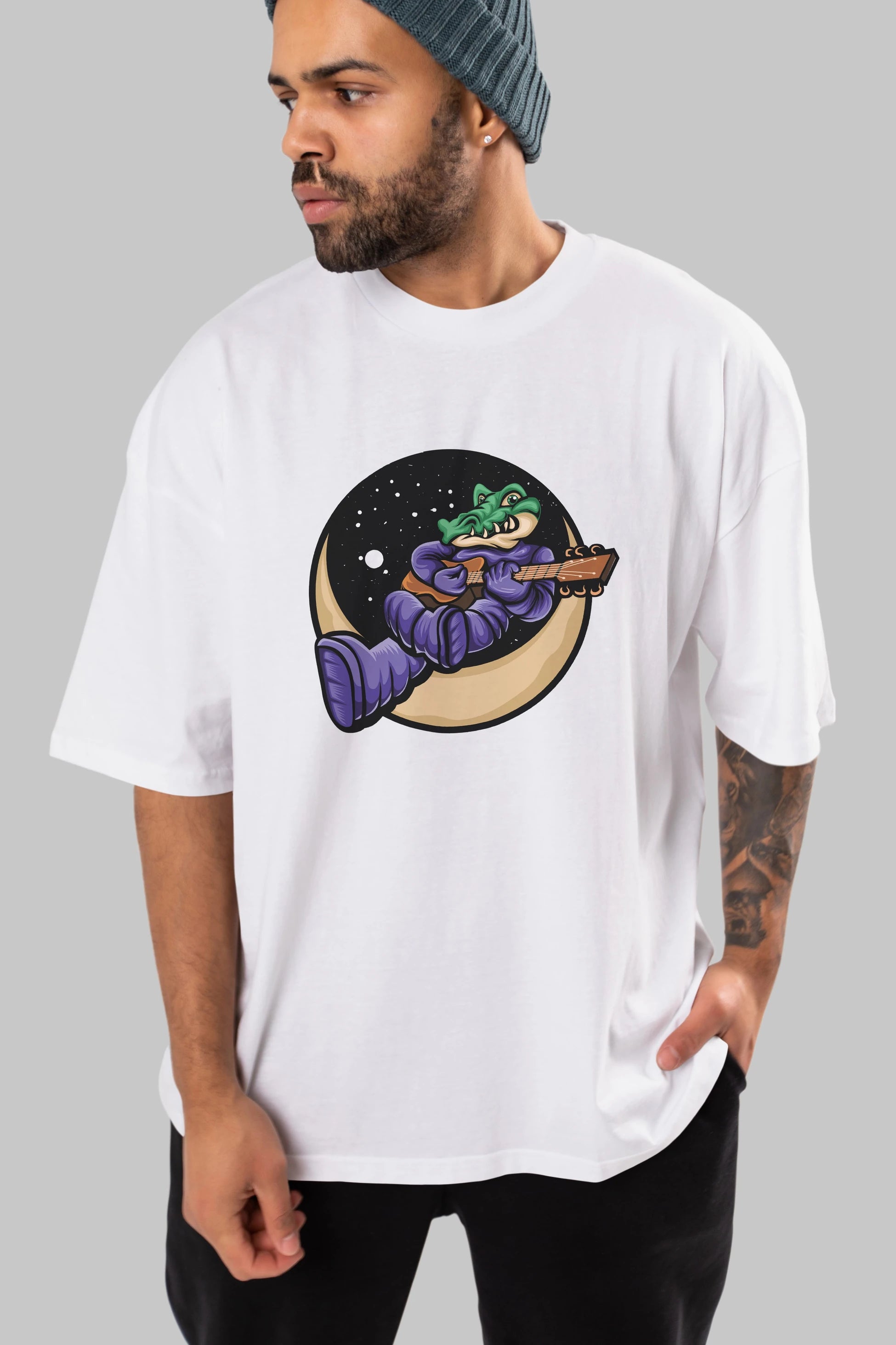 Space Crocodile Ön Baskılı Oversize t-shirt Erkek Kadın Unisex