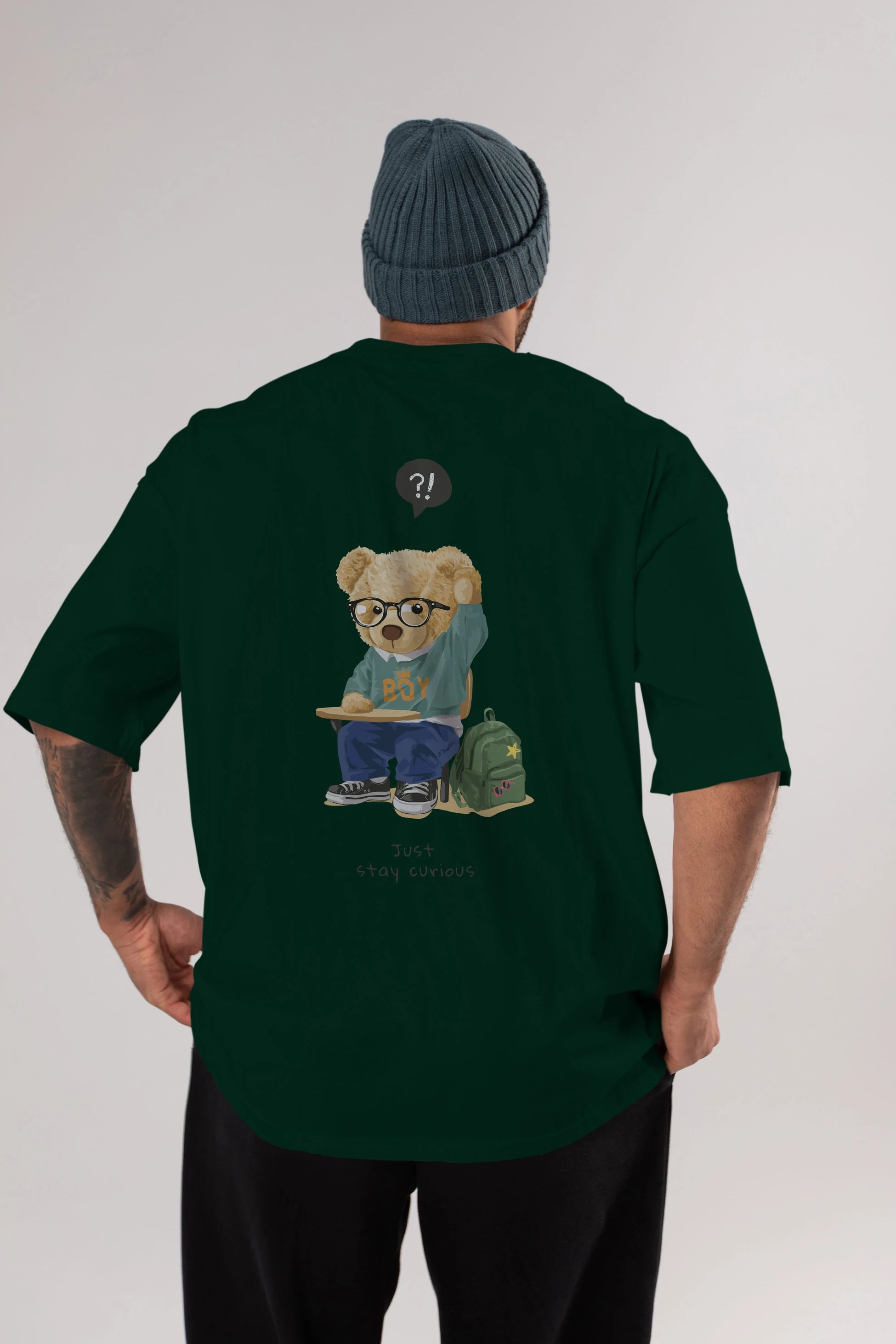 Teddy Bear Just Stay Curious Arka Baskılı Oversize t-shirt Erkek Kadın Unisex %100 Pamuk
